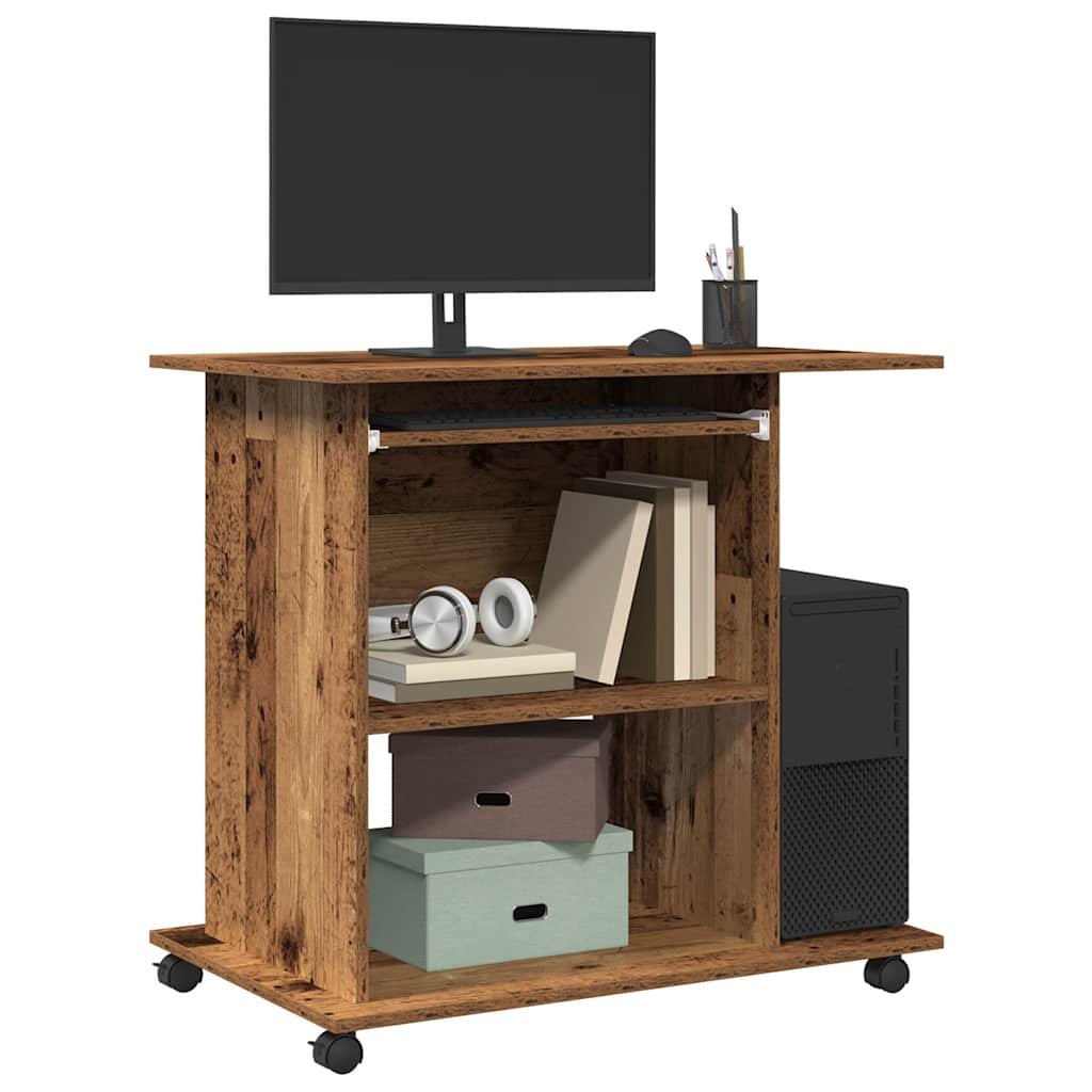 Walplus Pull Out Keyboard Tray Wheels Computer Desk - Old Wood - 80 x 50 x 75 cm