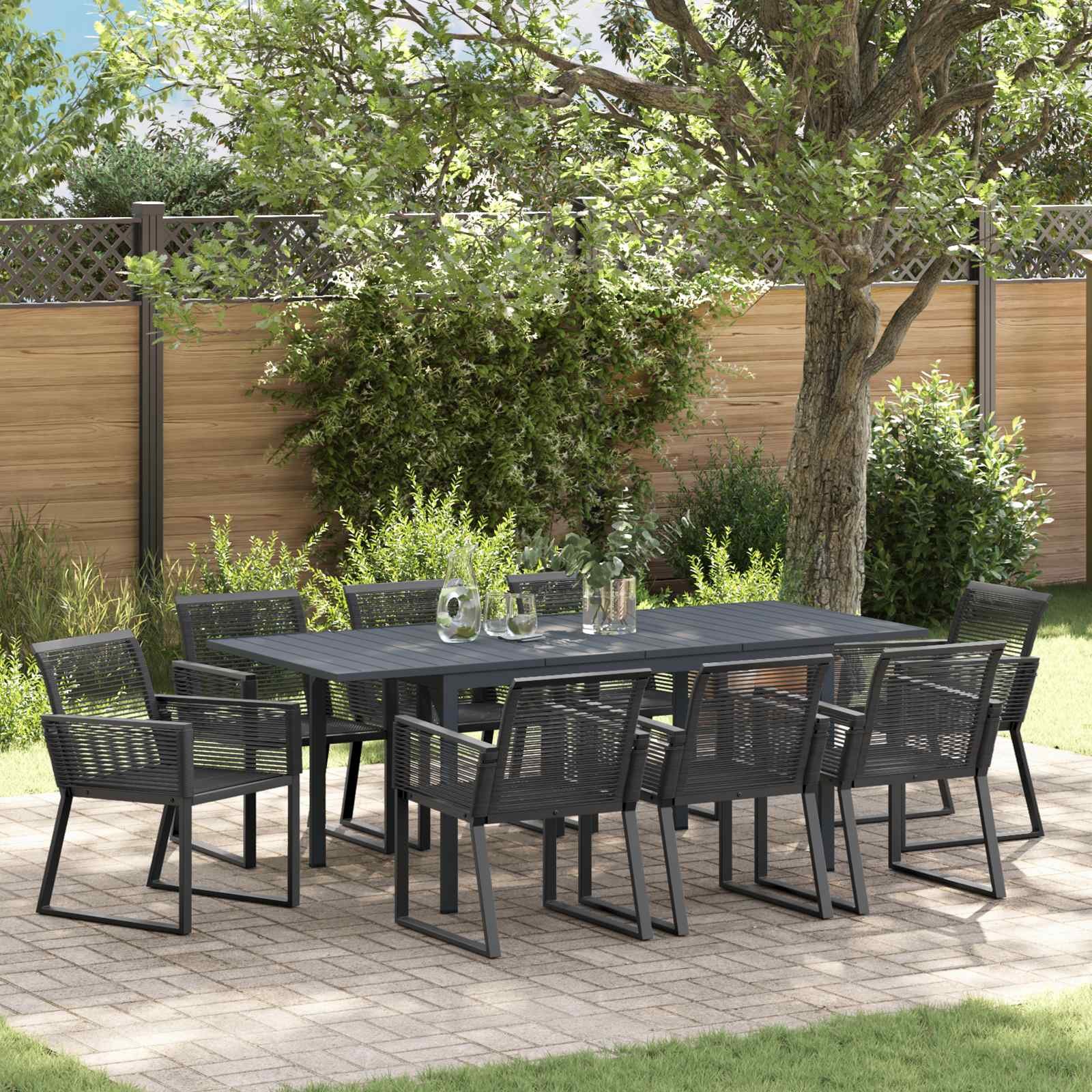 Walplus 9 Piece Garden Dining Set Open Shelf - Black - 180 x 80 x 74 cm