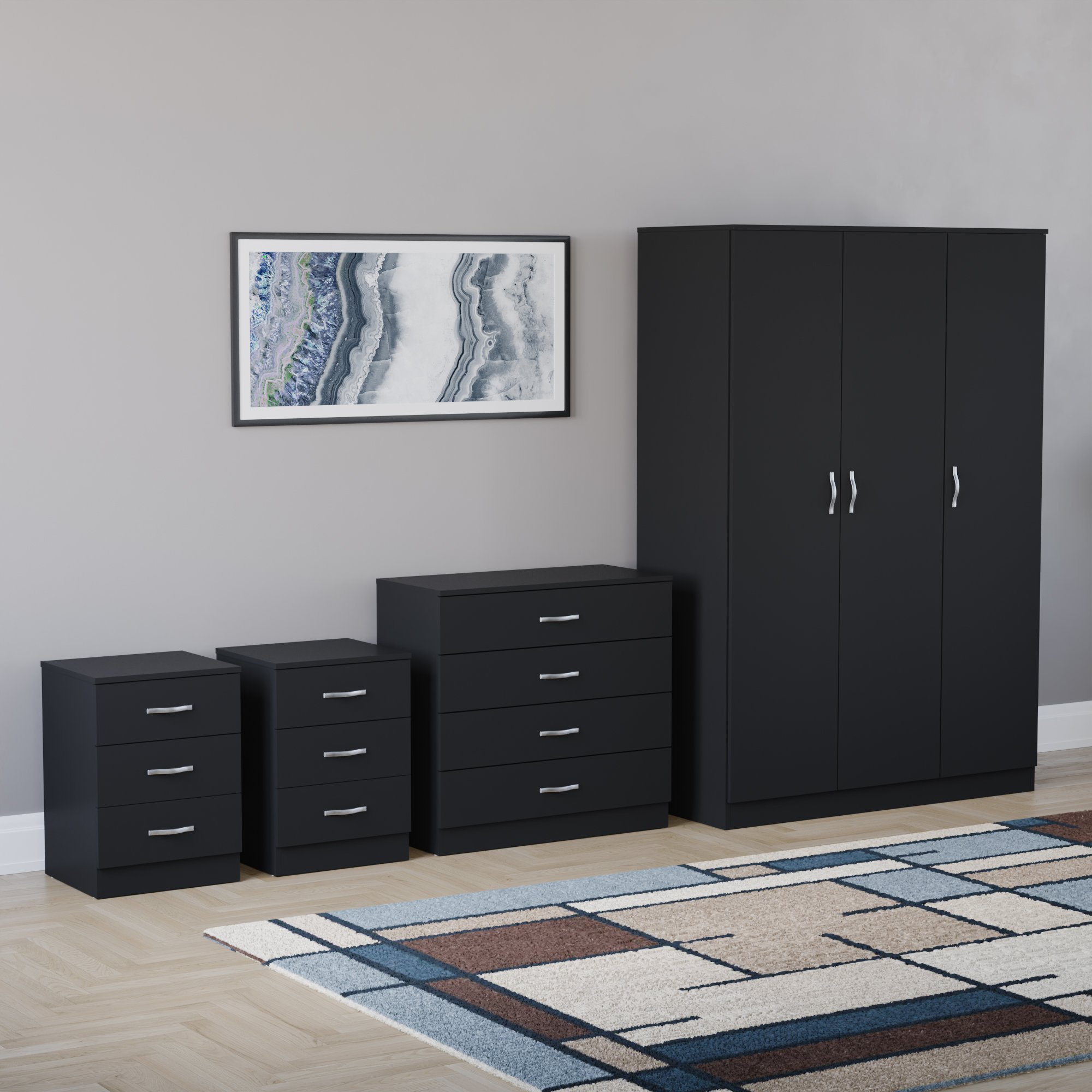 Vida Designs Riano Bedroom Set (Bedsides, 4 Drawer Chest, 3 Door Wardrobe)-Black