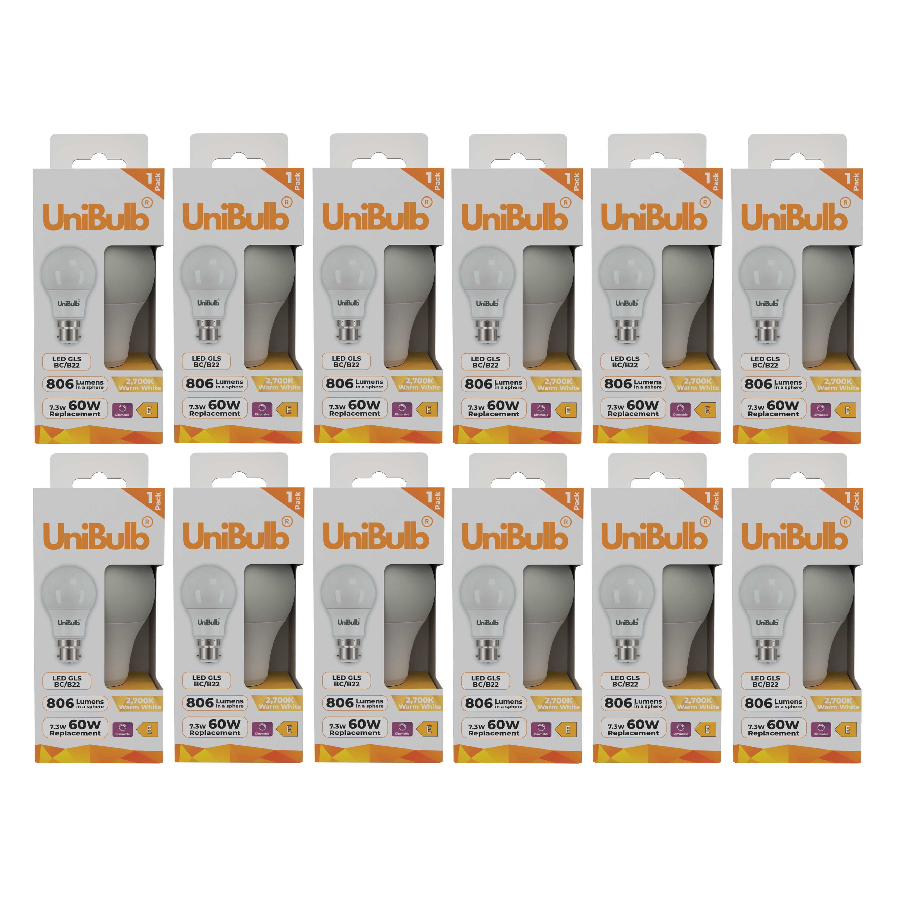 UniBulb 7.3W LED Warm White Dimmable GLS B22 Light Bulb - Pack of 12