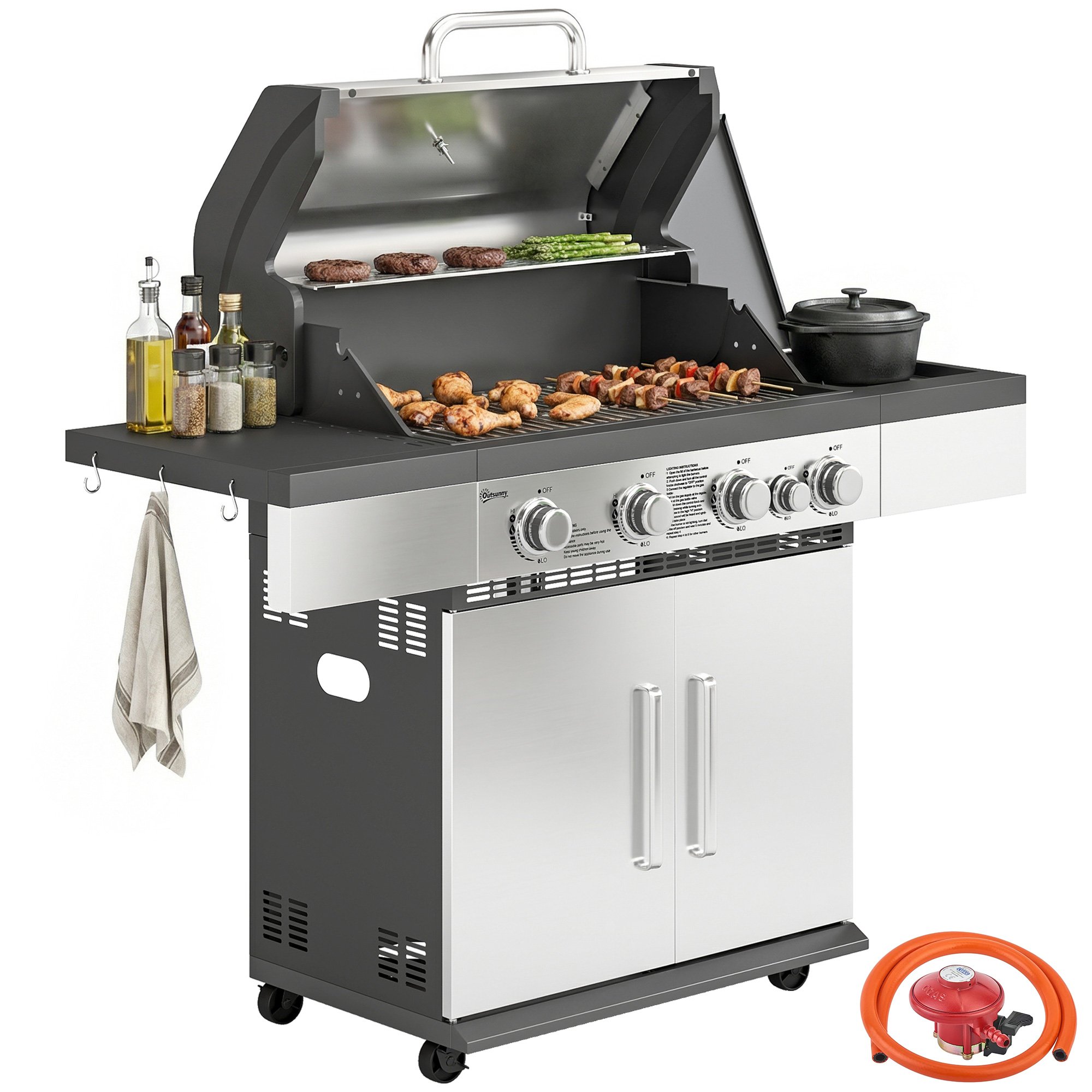 Outsunny Portable Gas BBQ Grill with Side Burner and Storage Cabinet – Silver