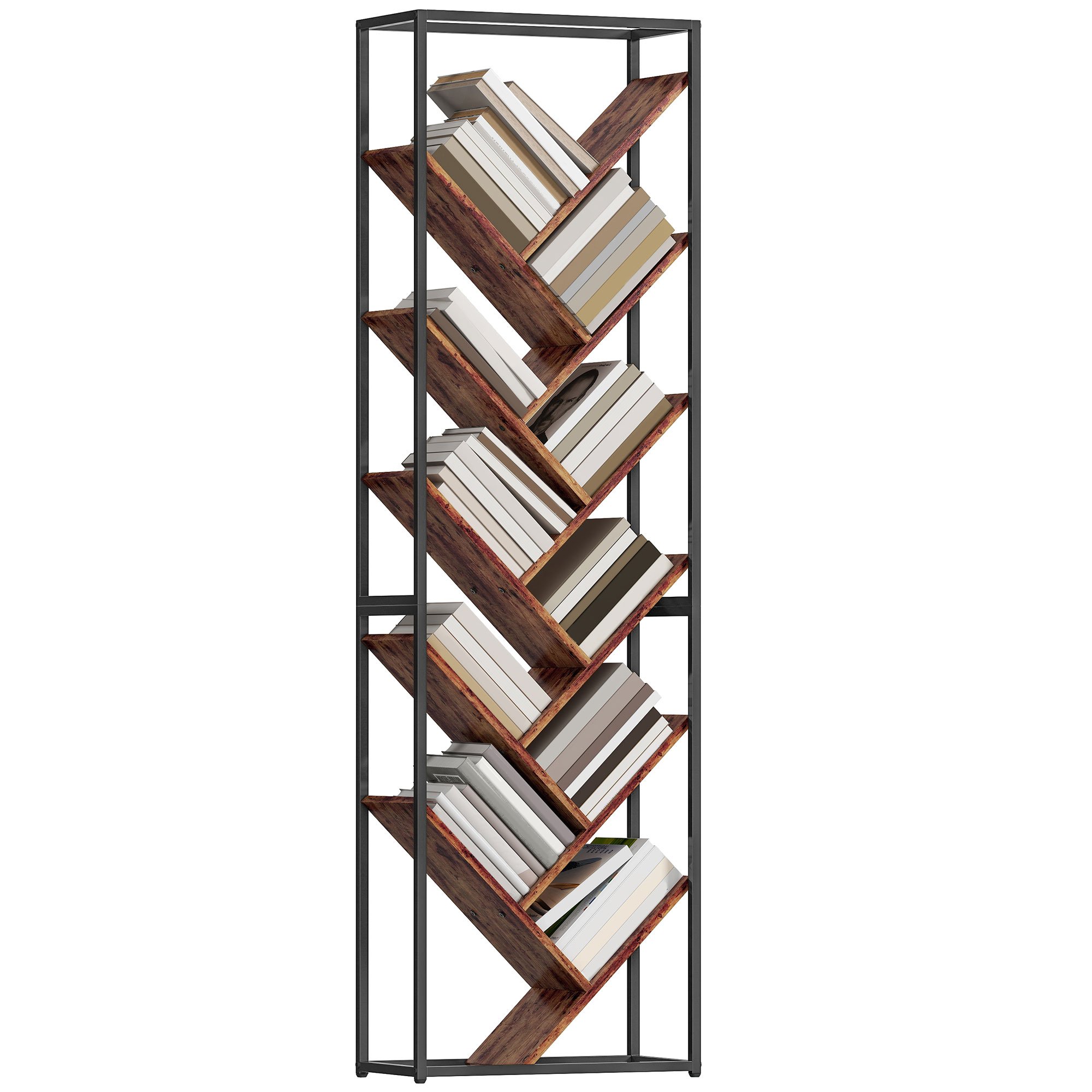 HOMCOM 10 Tier Industrial Tree Floor Standing Bookcase - Rustic Brown and Black