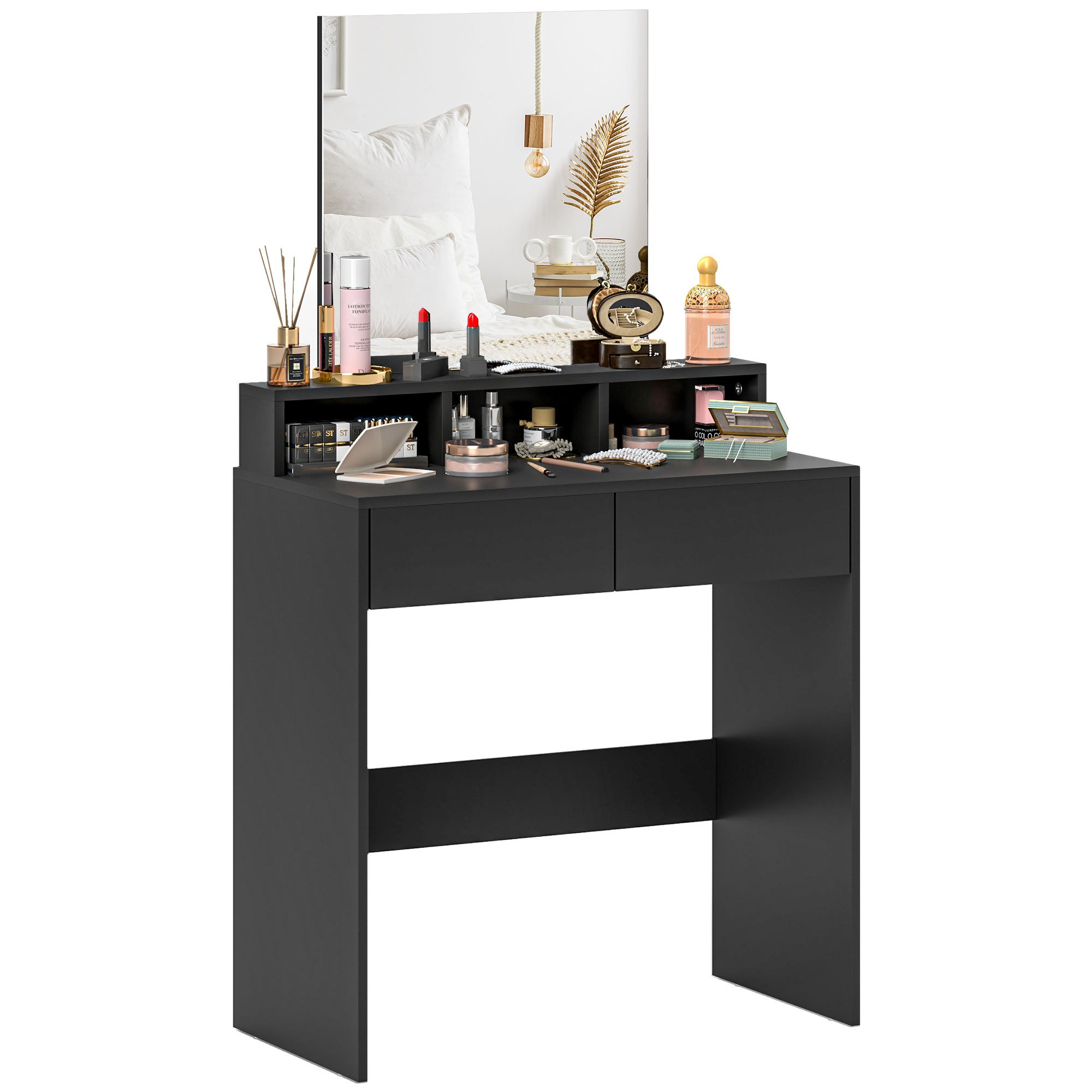 HOMCOM 2 Drawers Modern Dresser Makeup Desk with Mirror - Black