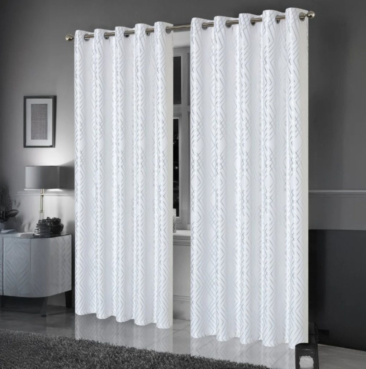 New Edge Blinds White Geo Sparkle Blackout Eyelet Curtains - 167cm x 137cm