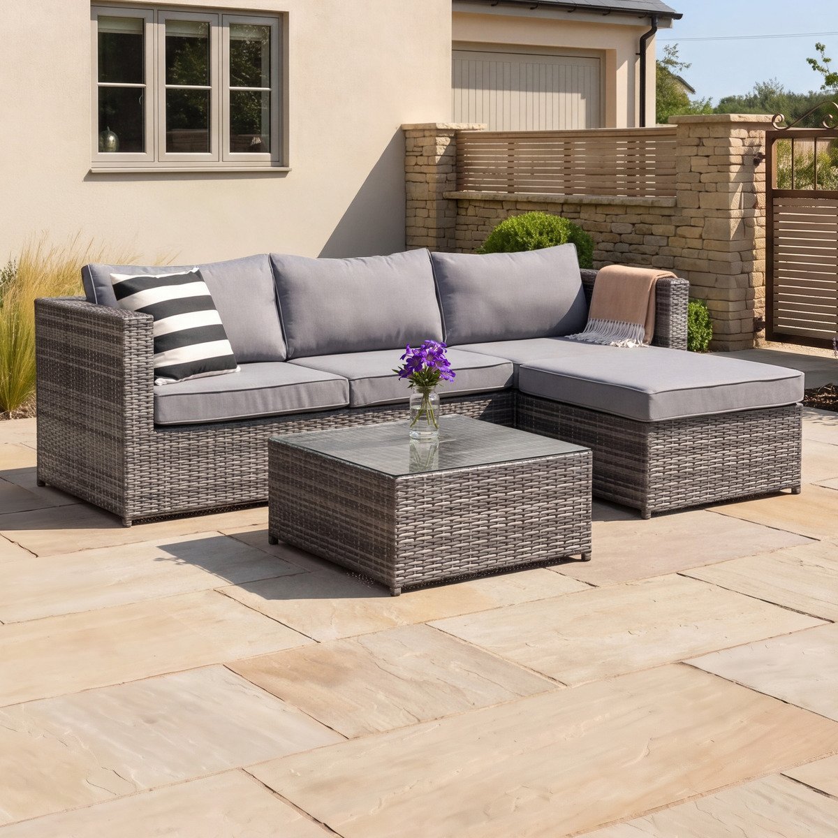 Charles Bentley L-Shaped 3 Seater Outdoor Rattan Furniture Lounge Set - Grey