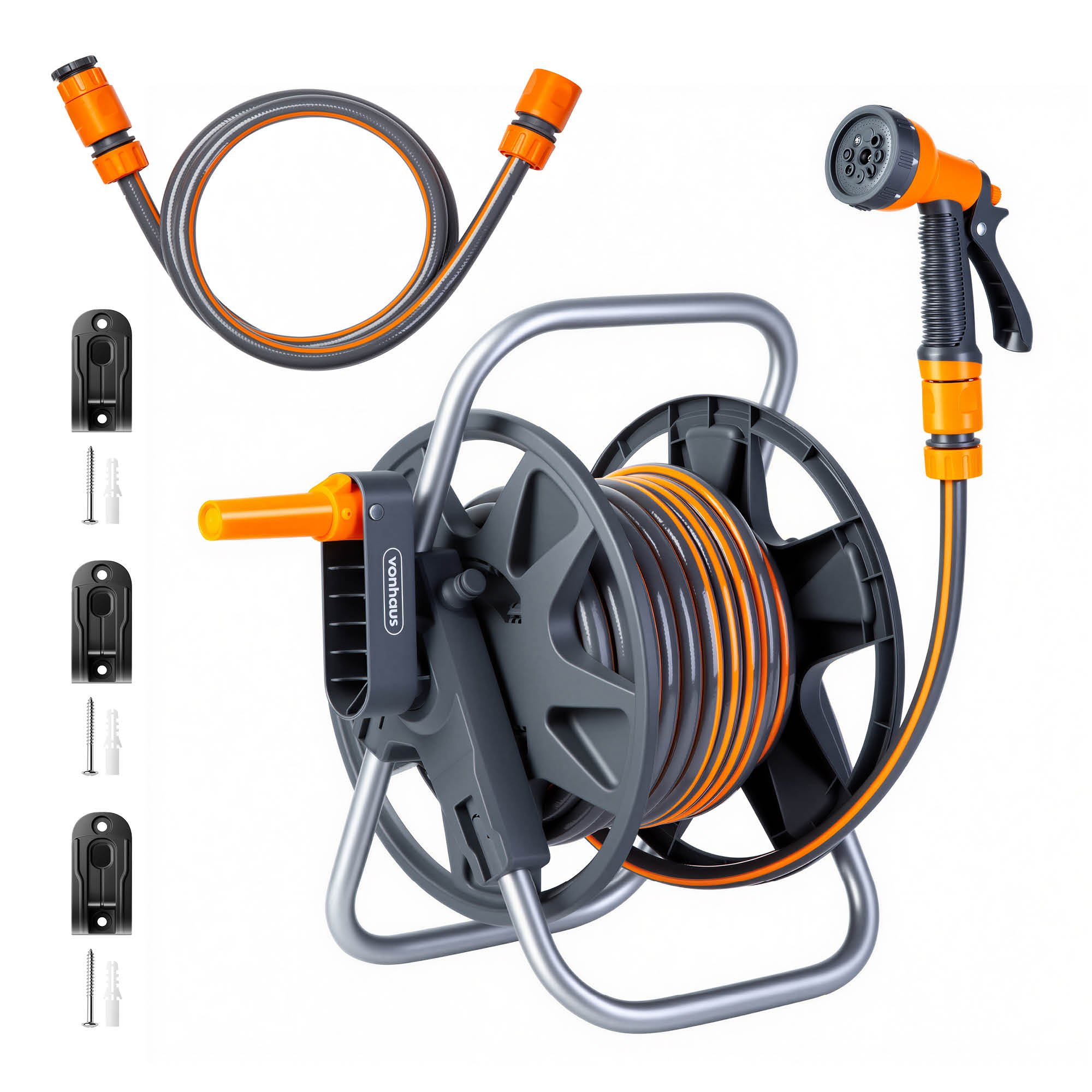 VonHaus 15m 8-Pattern 2-in-1 Garden Hose Reel - Spray Nozzle