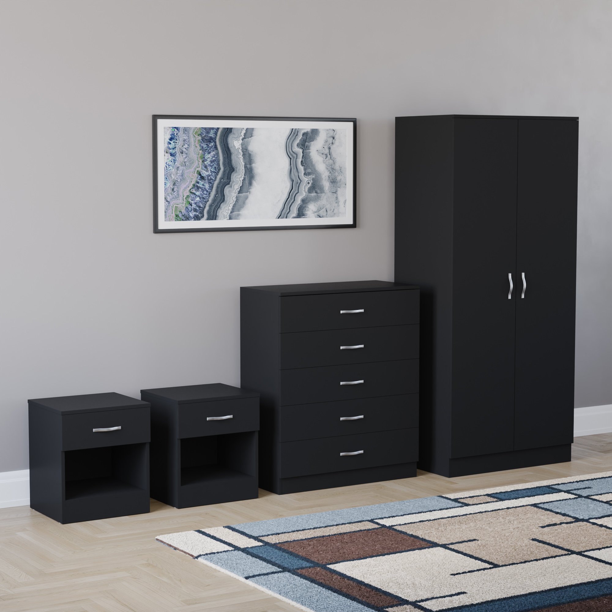 Vida Designs Riano Bedroom Set (Bedsides, 5 Drawer Chest, 2 Door Wardrobe)-Black
