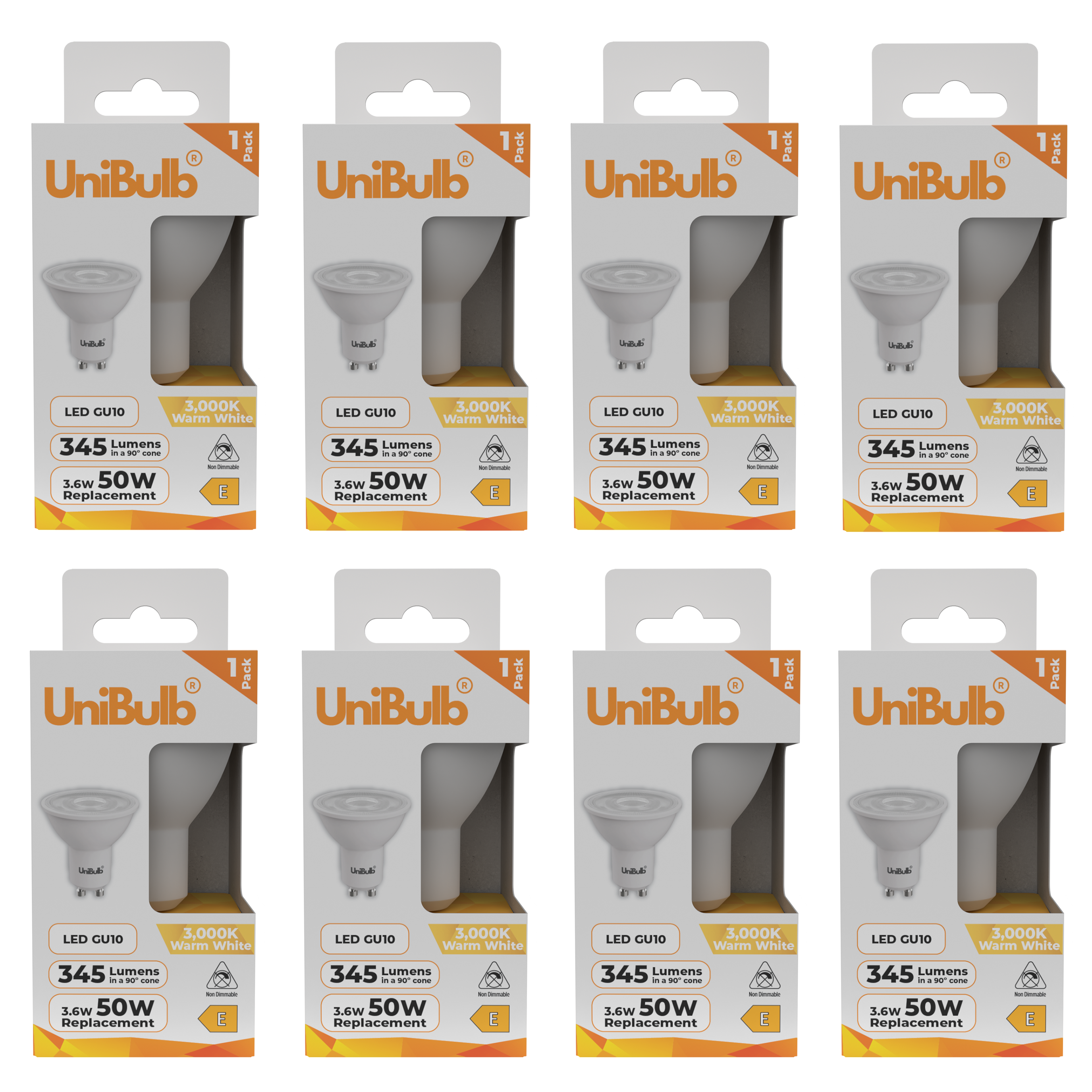 UniBulb 3.6W LED Warm White Spotlight GU10 Light Bulb - Pack of 8