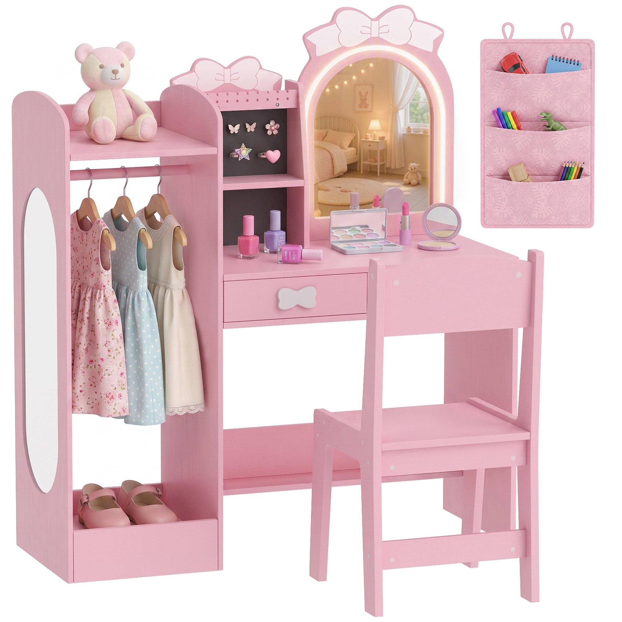 AIYAPLAY Ages 3-8 3 in 1 Mirror and Clothes Rack Dressing Table Set – Pink
