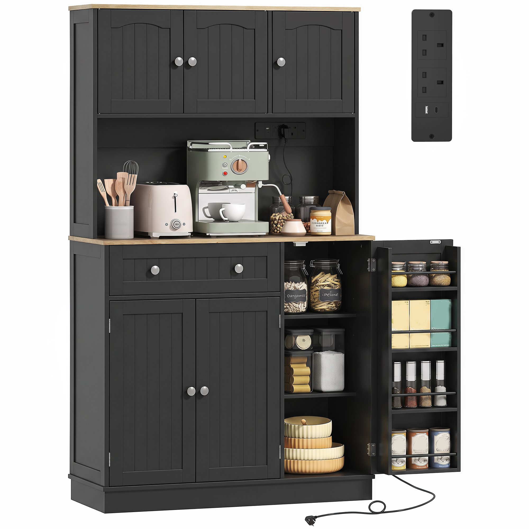 HOMCOM 173 cm Tall Kitchen Cupboard with Charging Station - Black