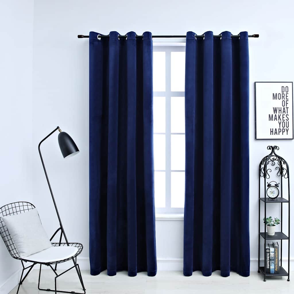 Walplus Pack of 2 Velvet Ring Top Blackout Curtains - Dark Blue - 140 x 175 cm