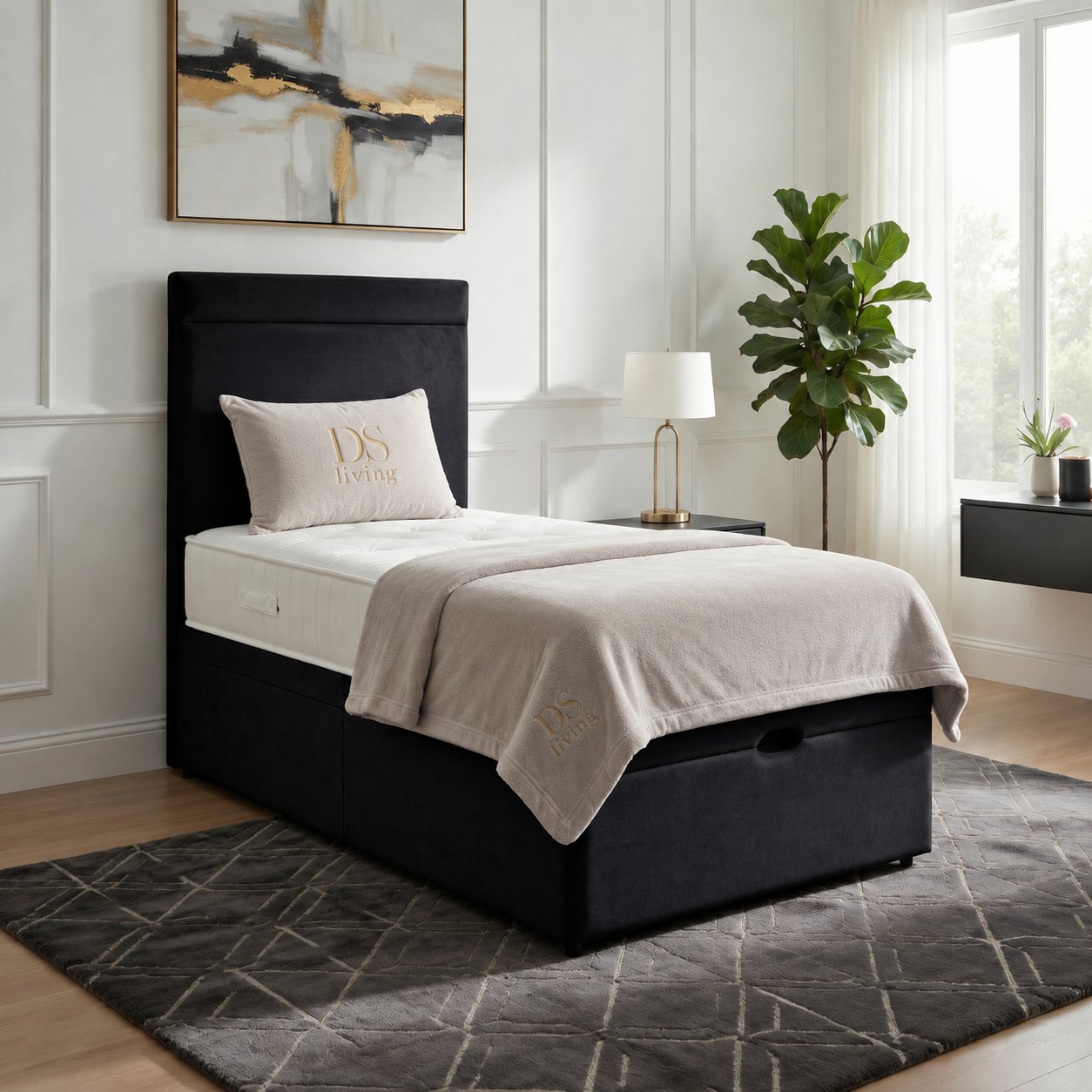 DS Living Majesty Single Velvet Ottoman Bed Frame - Black