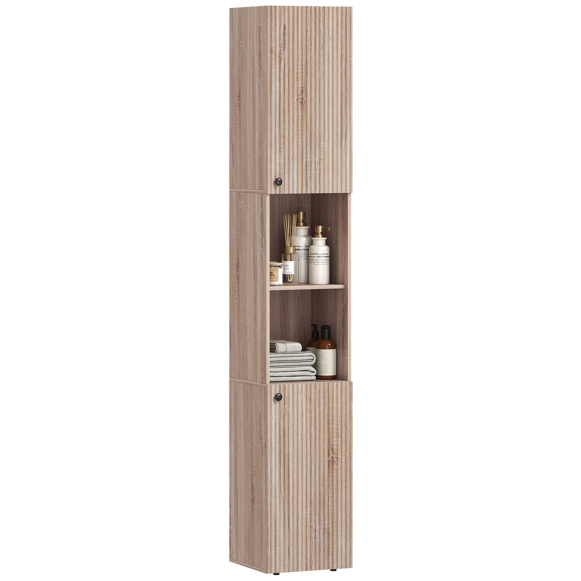 HOMCOM 6-Tier Bathroom Cabinet with 2 Cupboards and Open Shelves - Natural Wood