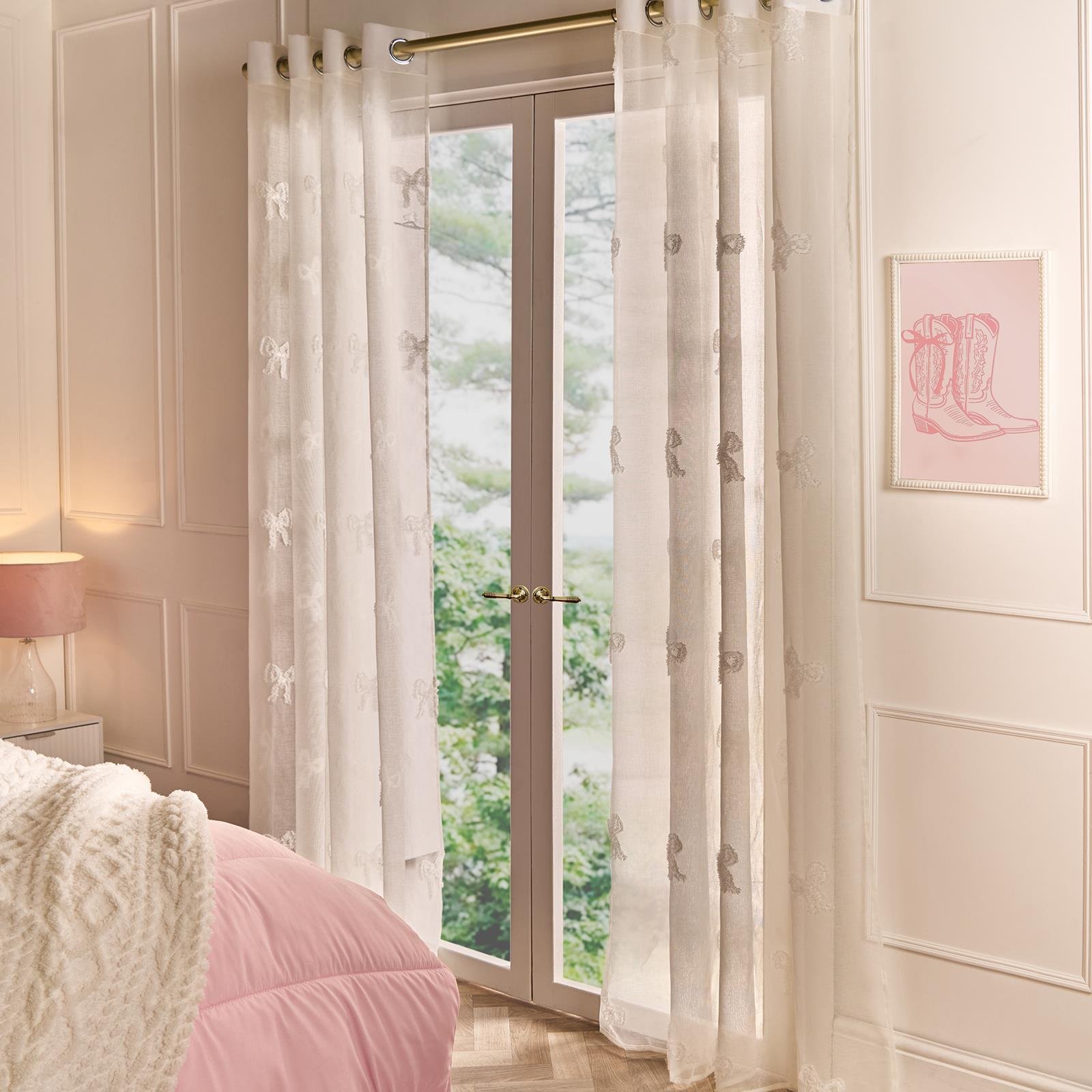OHS Bows Tufted Voile Curtains 140 x 224cm - Cream