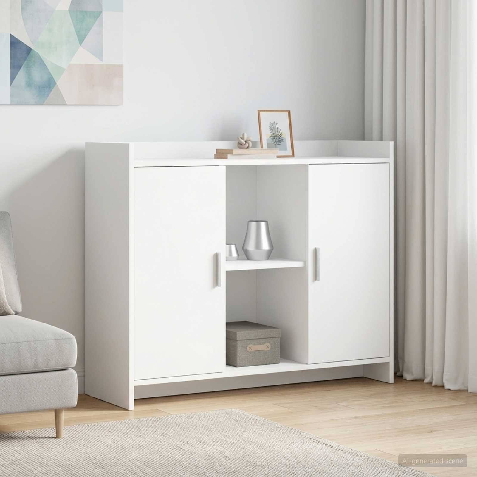 Walplus 2 Door Rectangular Engineered Wood Sideboard - White - 98.5 x 33 x 80 cm