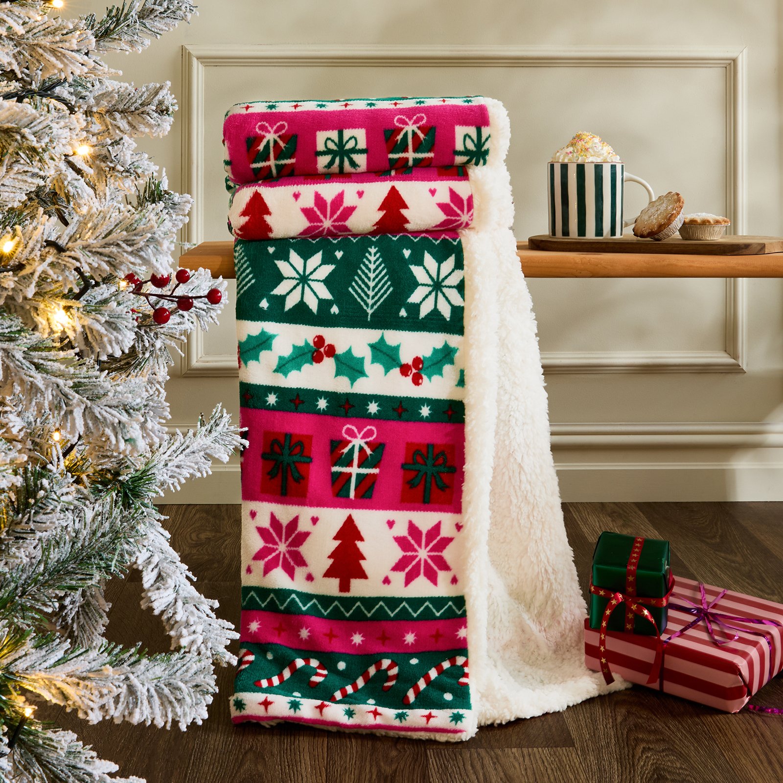 OHS Bright Nordic Print Blanket Throw 125 x 150cm - Pink