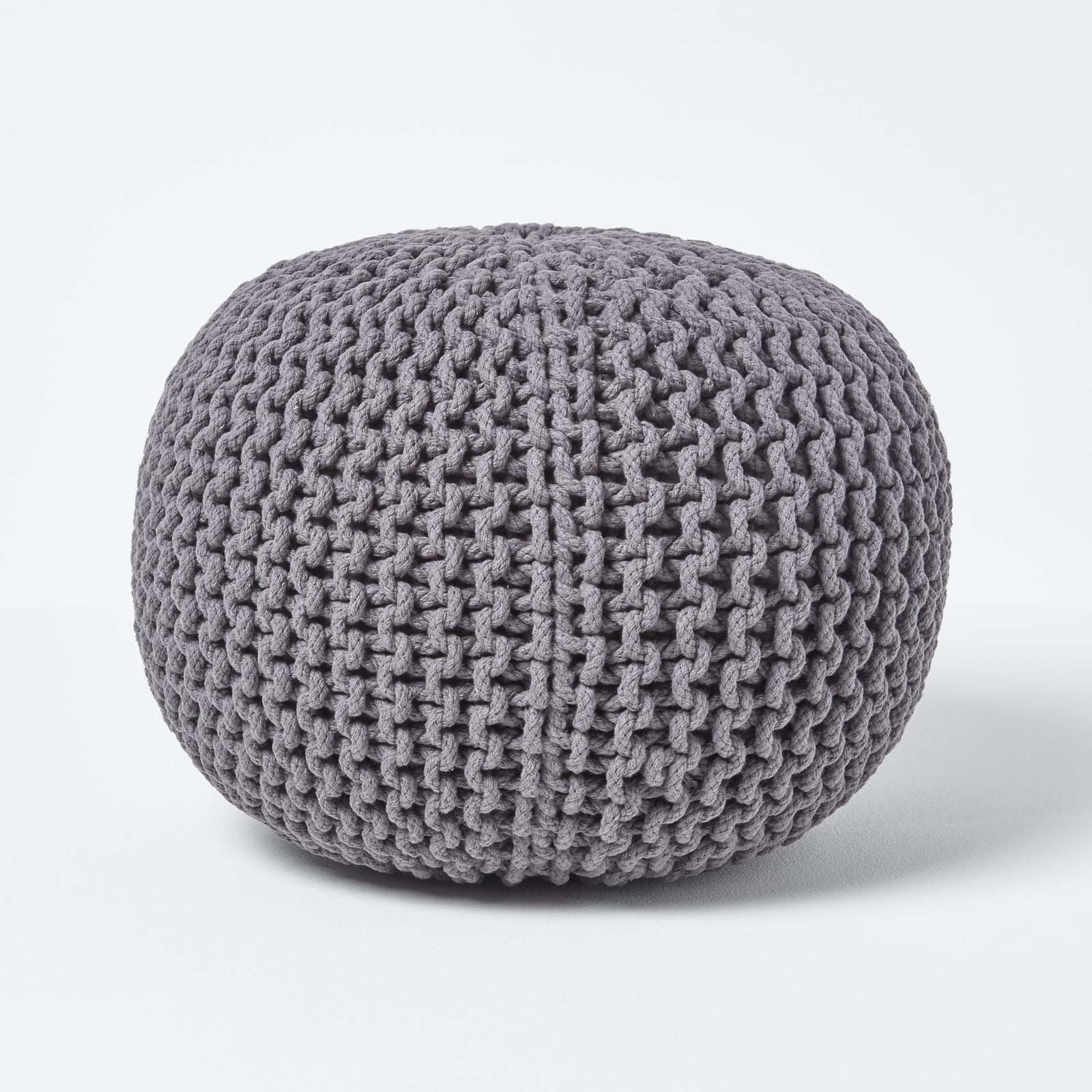 Homescapes Round Cotton Knitted Pouffe Footstool – Sea Grey