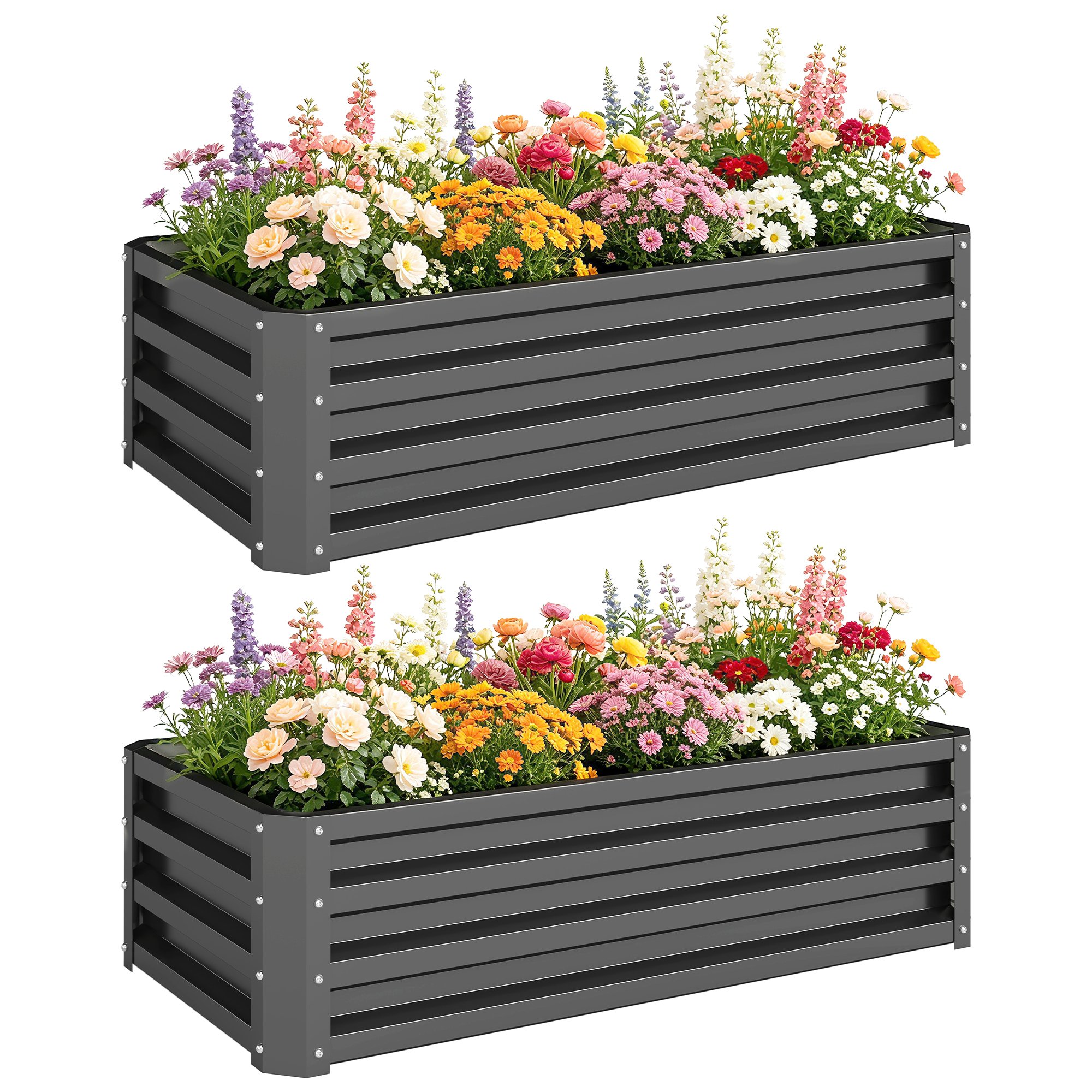 Outsunny Set of 2 Galvanised Steel Raised Garden Bed Set – Dark Grey