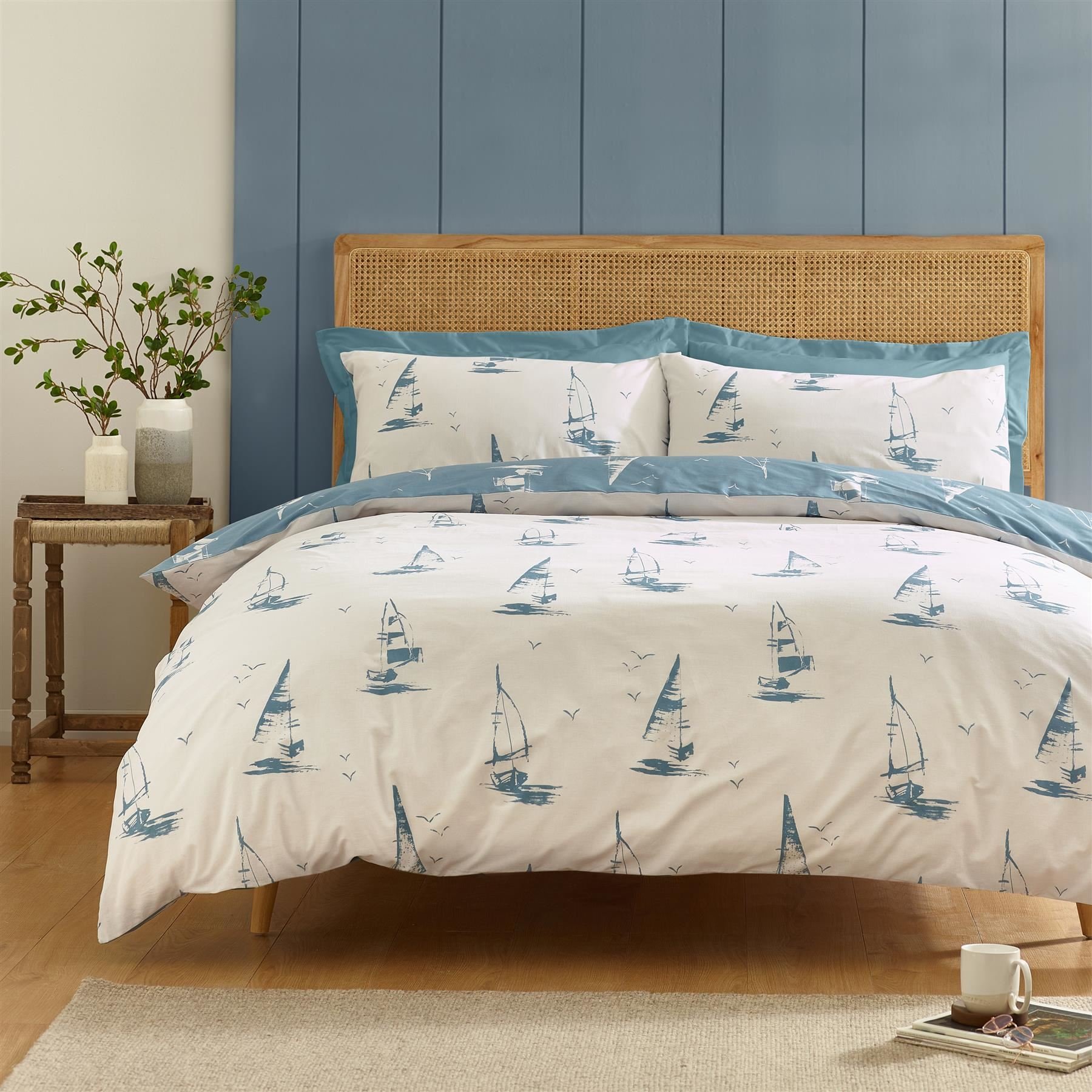 Catherine Lansfield Salcombe Boats Duvet Cover Set - Double - Soft Blue
