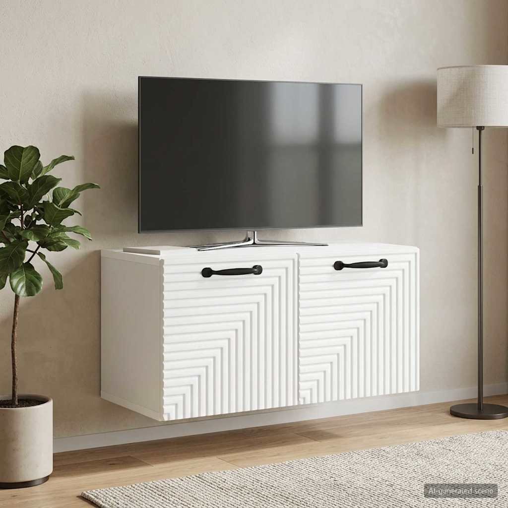 Walplus Wood Wall Mounted TV Cabinet Tall Unit - White - 59.5 x 31 x 30 cm