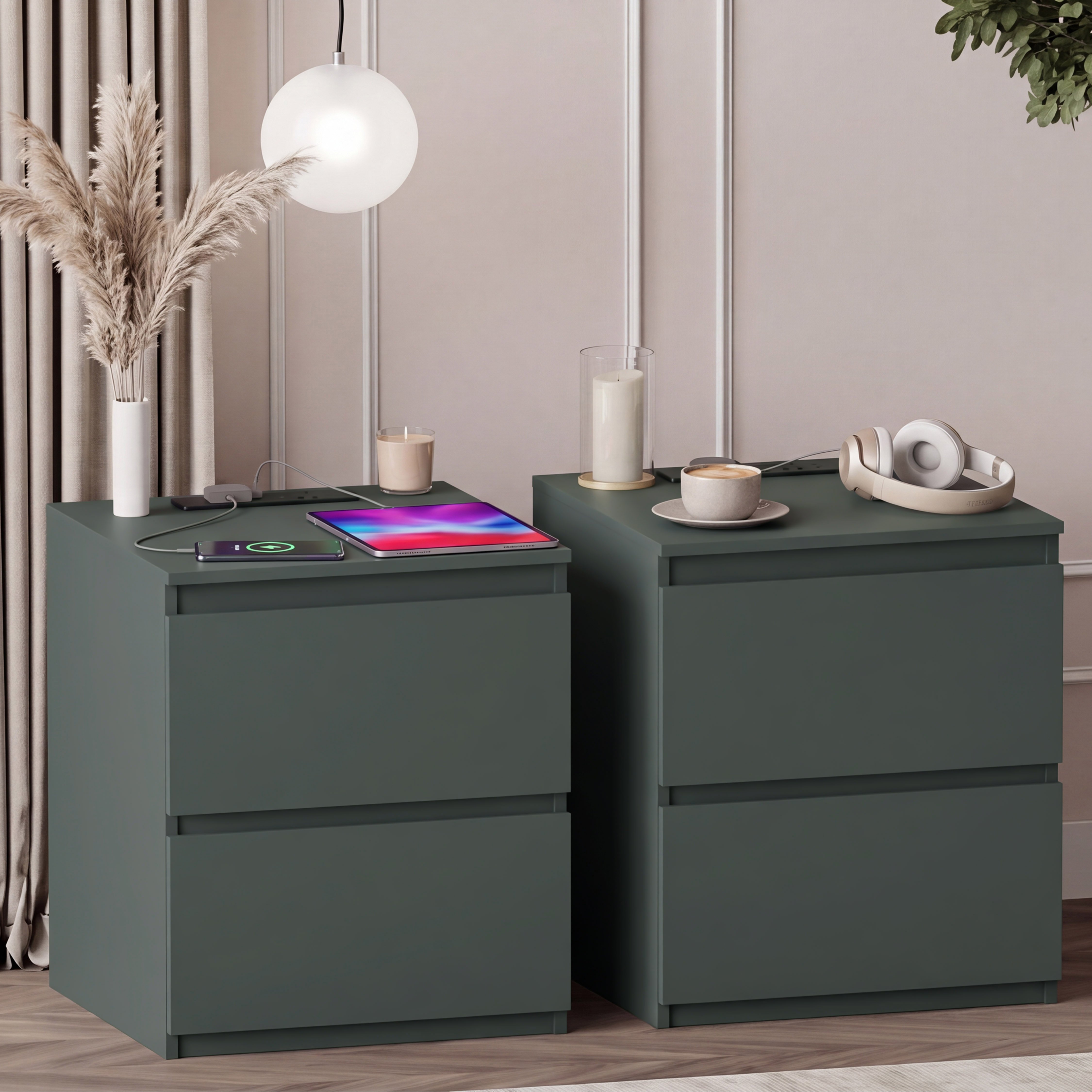 Vida Designs Denver 2 Drawer Bedside With Power Outlet (L) Set of 2 - Green