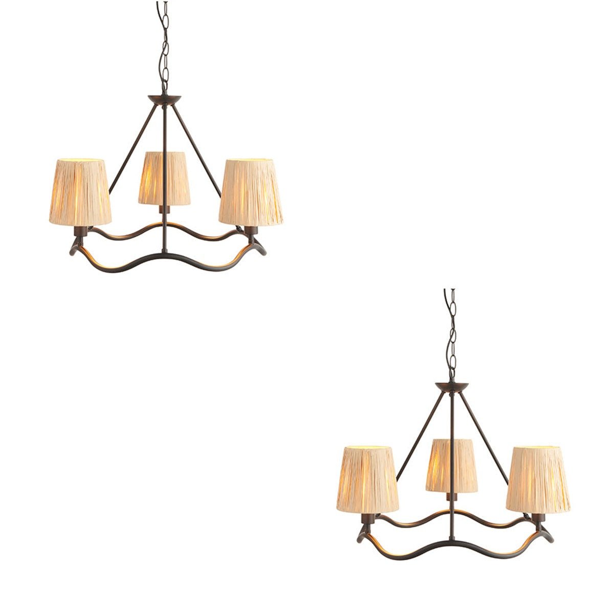 Loops Direct Set of 2 Raffia 3-Light Pendant - Matt Black and Natural Raffia