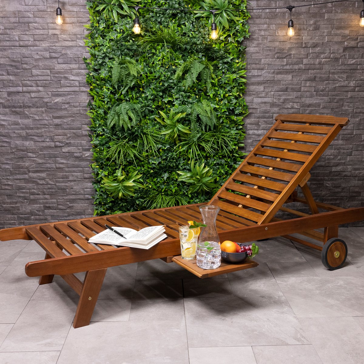Charles Bentley Acacia Wooden Reclining Sun Lounger With Pull Out Tray - Brown