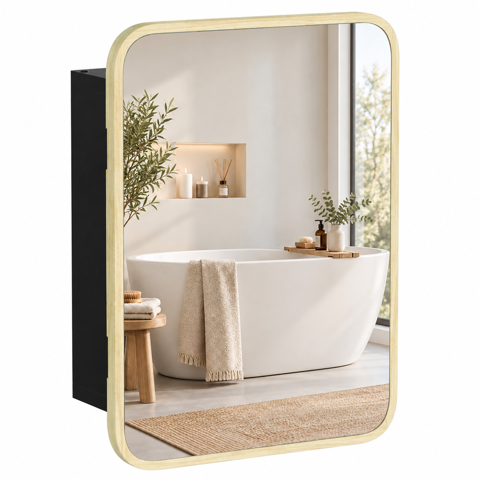 HOMCOM SPC Waterproof Adjustable Shelf Bathroom Mirror Cabinet – Natural Wood