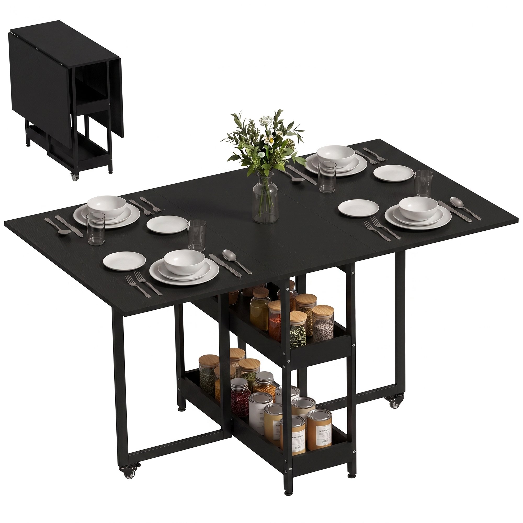 HOMCOM Folding Dining Table with Storage Shelves and Wheels - Black