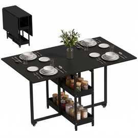 HOMCOM Folding Dining Table with Storage Shelves and Wheels - Black