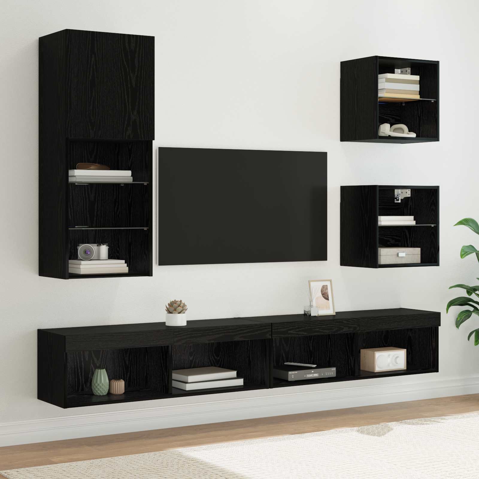 Walplus 5 Piece Engineered Wood LED Sideboard - Black Ash - 100 x 30 x 30 cm
