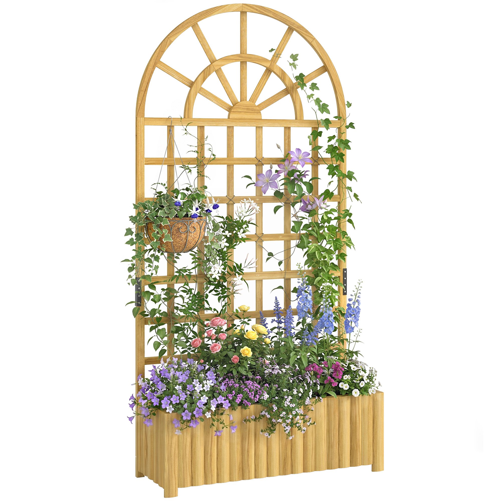 Outsunny Wooden Raised Planters with Trellis- Natural Wood