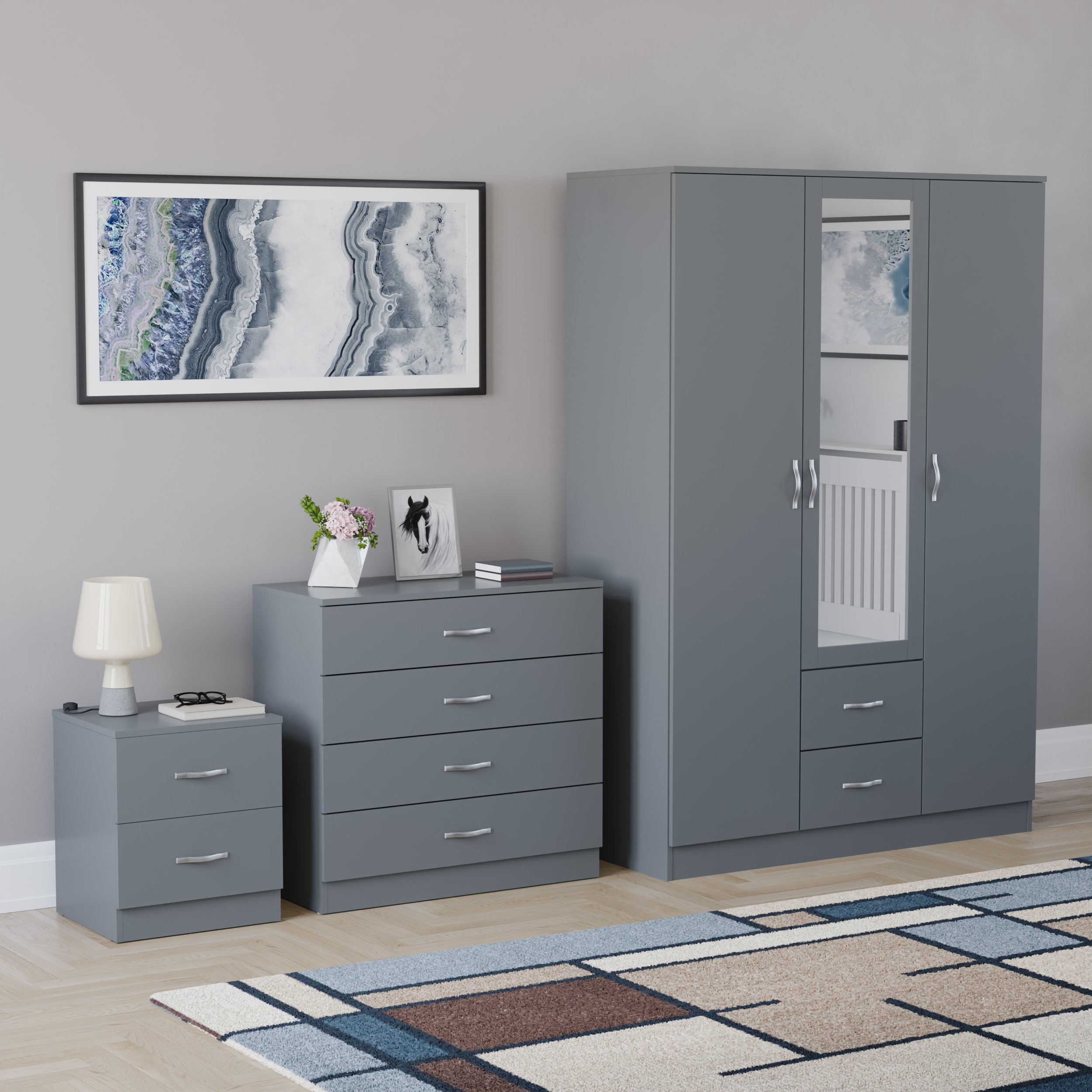 Vida Designs Riano Bedroom Set (Bedside, 4 Drawer Chest, Mirror Wardrobe) - Grey