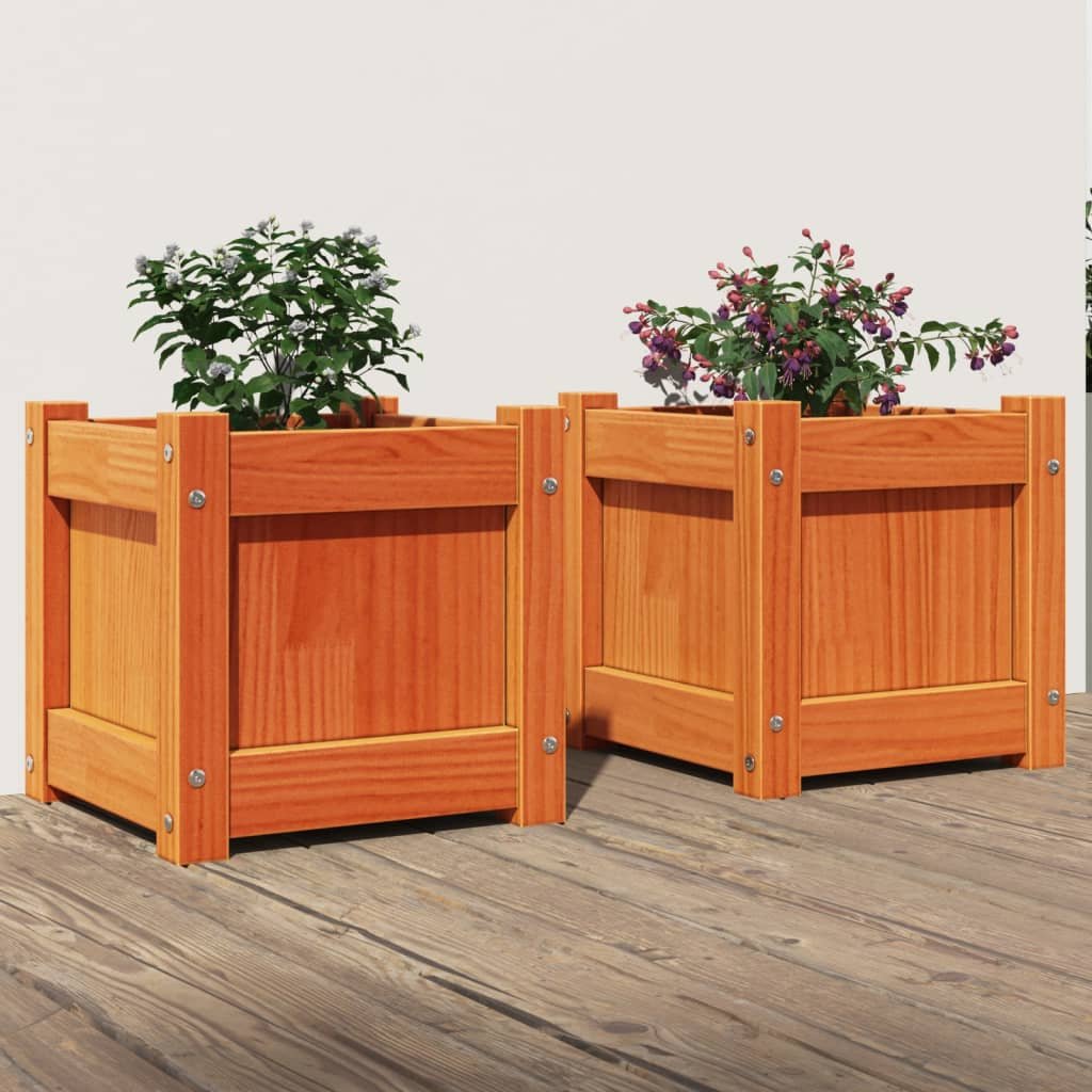Walplus Pack of 2 Wood Garden Planter - Wax Brown - 31 x 31 x 31 cm