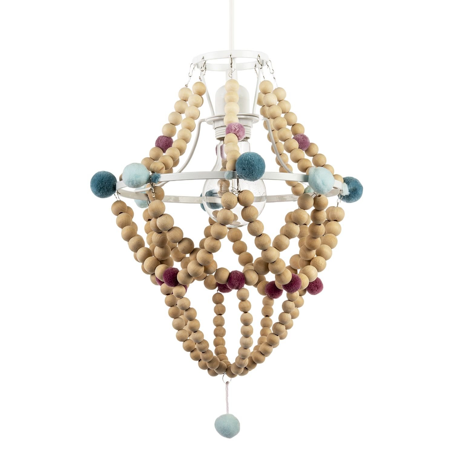 Happy Homewares Brown Wooden Beaded with Coloured Pom Poms Pendant Shade - 25cm