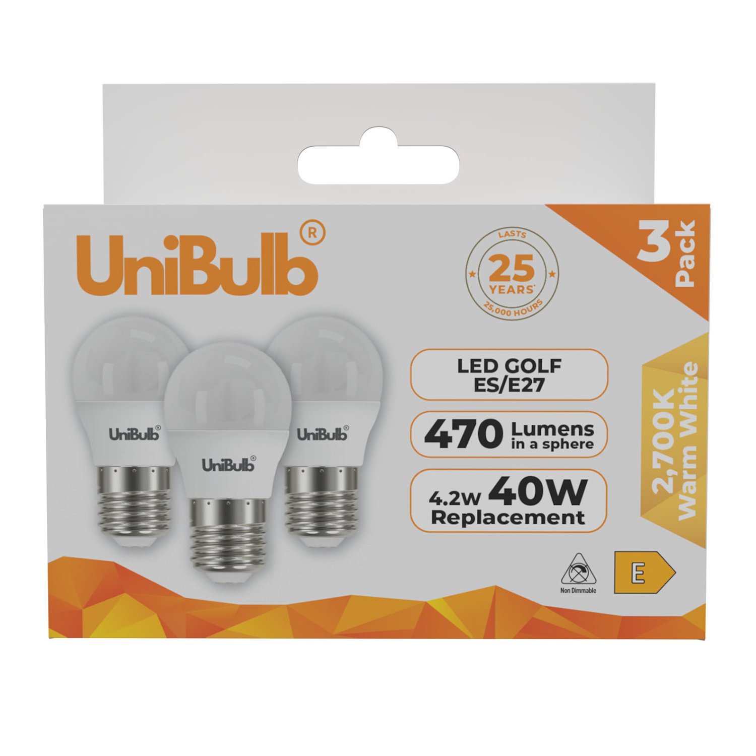 UniBulb 4.2W LED Warm White Golf Ball E27 Light Bulb - 3 Pack