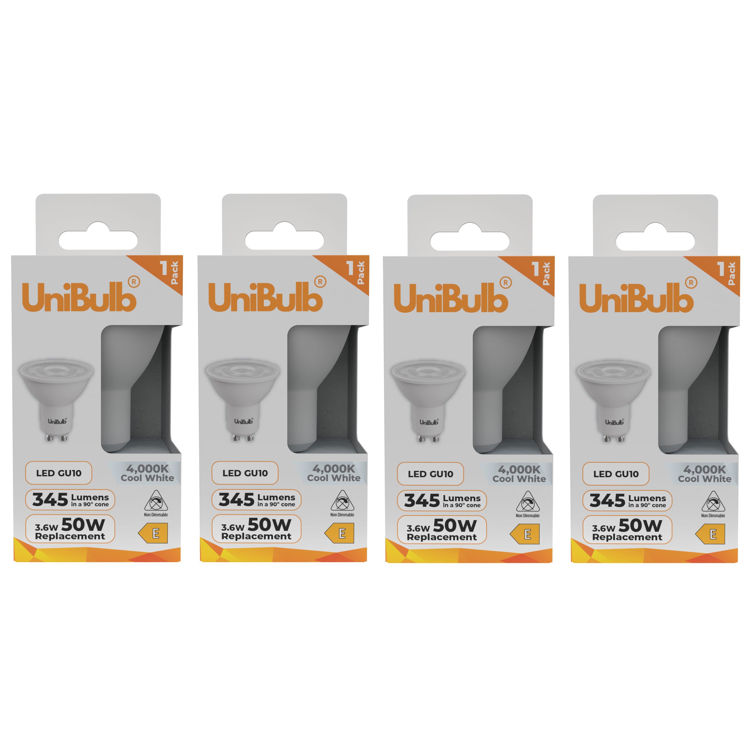 UniBulb 3.6W LED Cool White Spotlight GU10 Light Bulb - Pack of 4