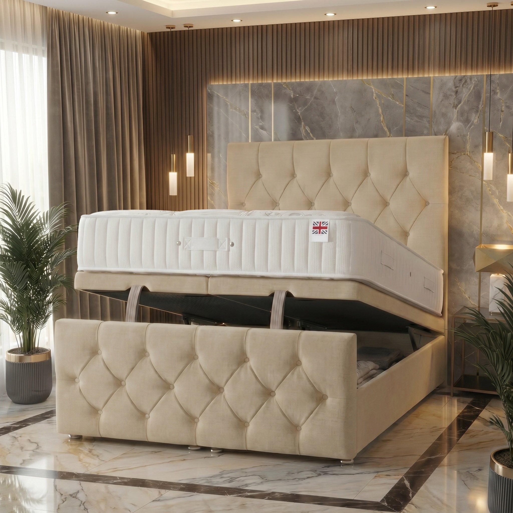 Somnior Chester Linen Small Single Ottoman Bed with Ortho Mattress - Beige