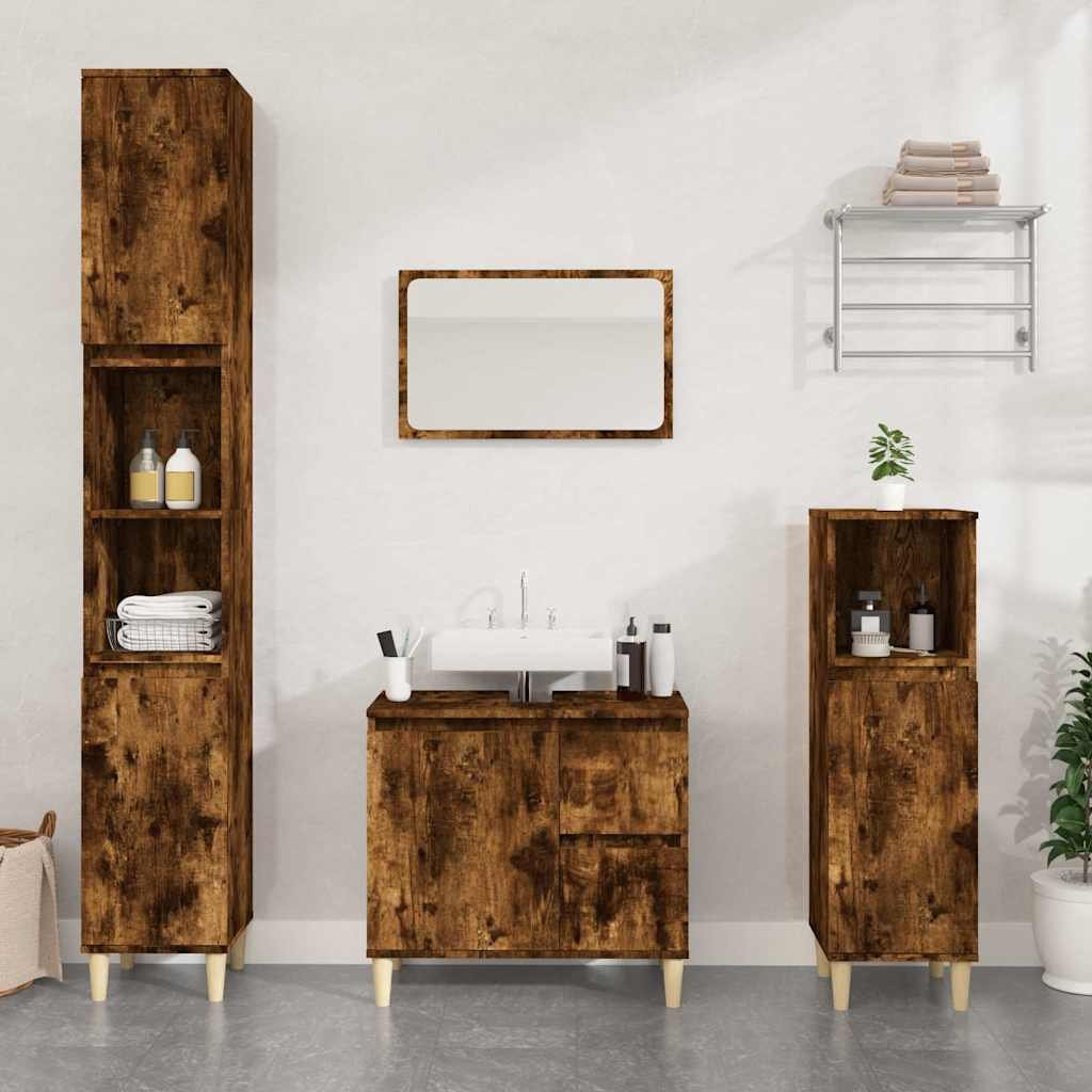 Walplus Solid Eucalyptus Wood Bathroom Cabinet - Smoked Oak - 30 x 30 x 190 cm