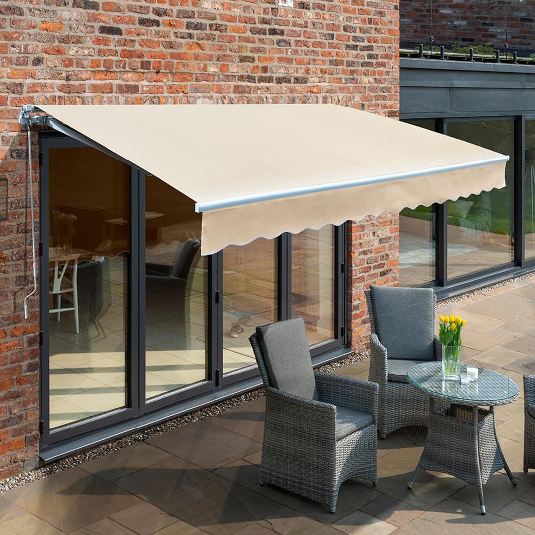 Primrose Awnings 4.0m x 3.0m Retractable Manual Awning Patio Canopy - Ivory
