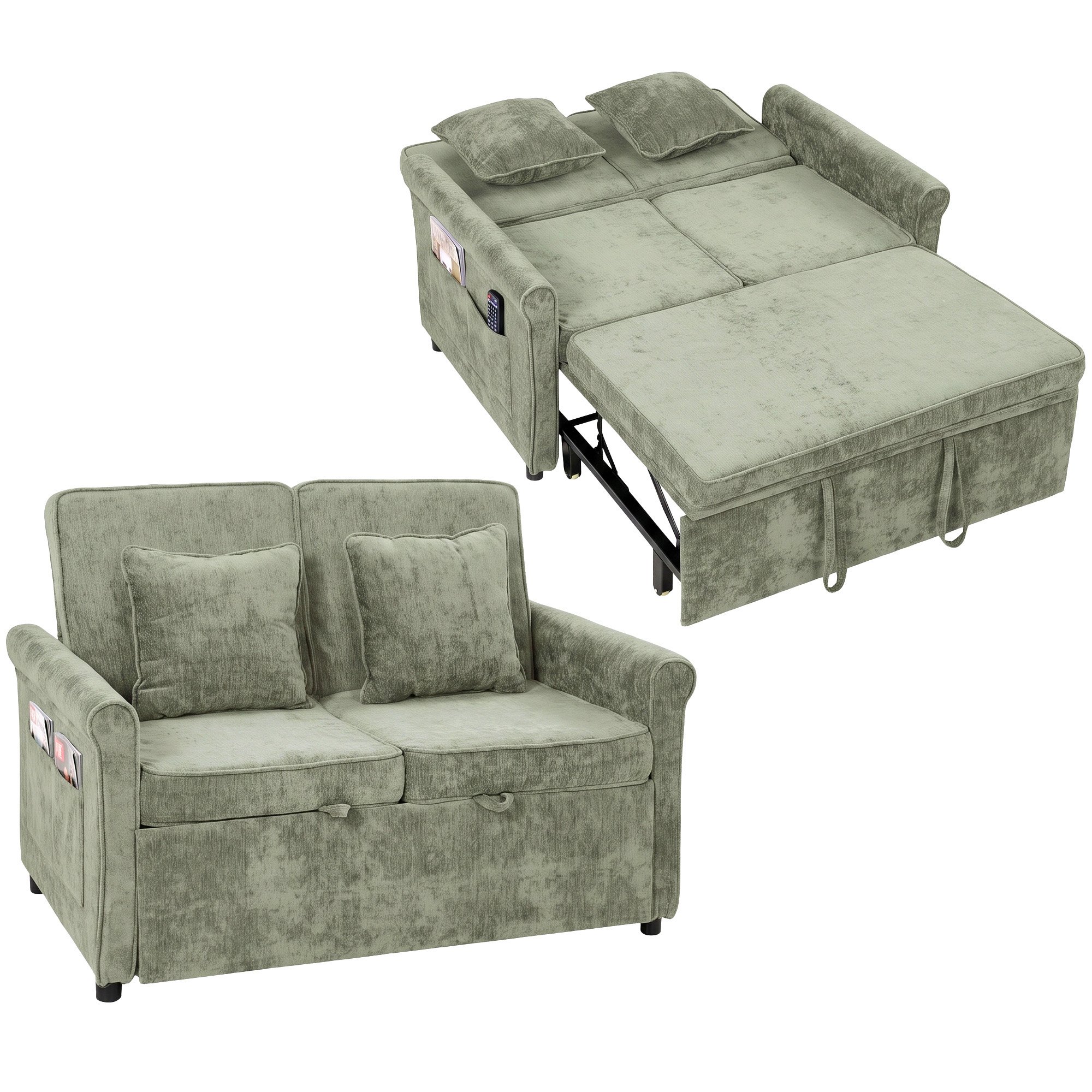 HOMCOM 2 Seater 3-in-1 Convertible Pull Out Double Sleeper Sofa - Light Green