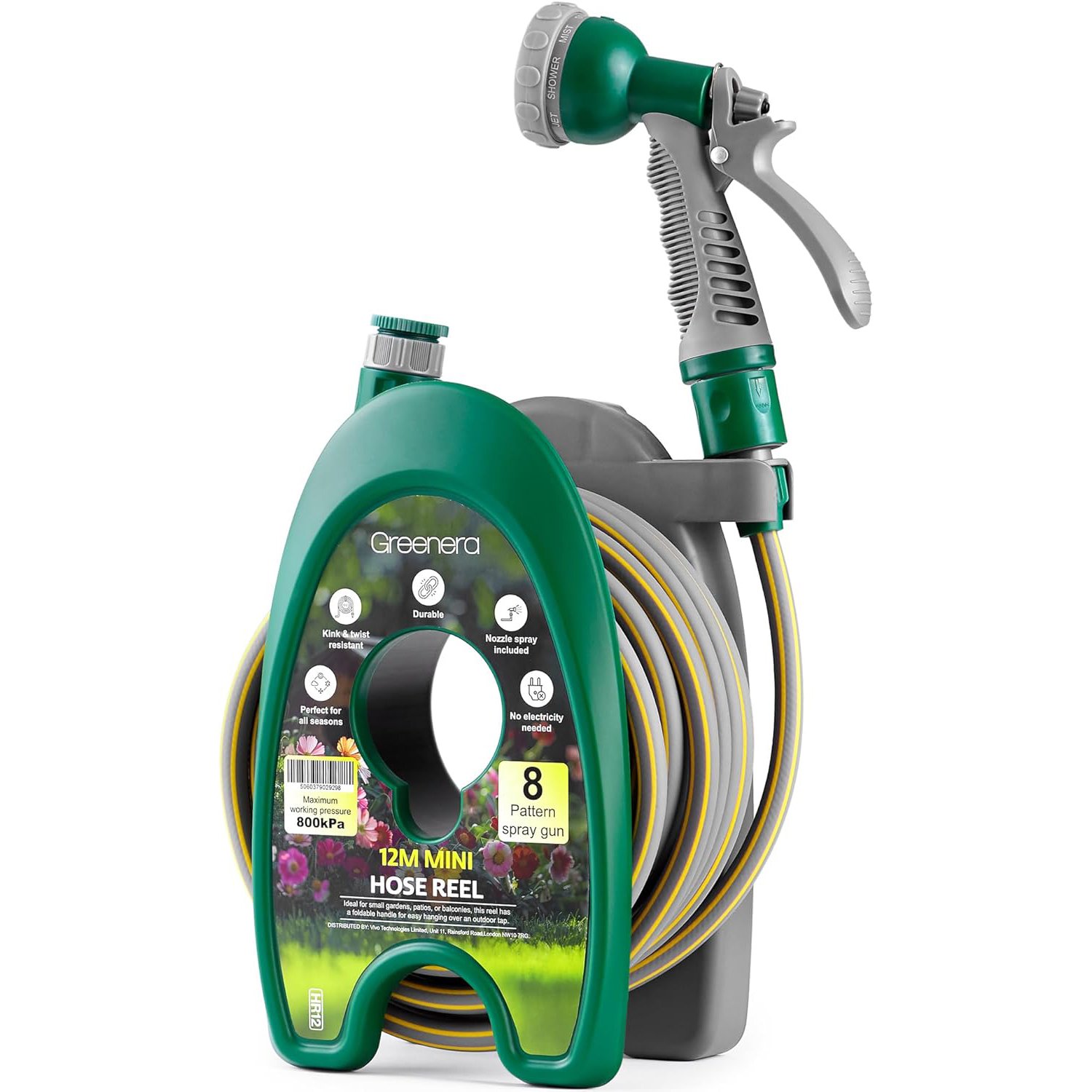 Greenera 12m Mini Garden Hose Pipe 8 Pattern Water Spray Adjustable Nozzles