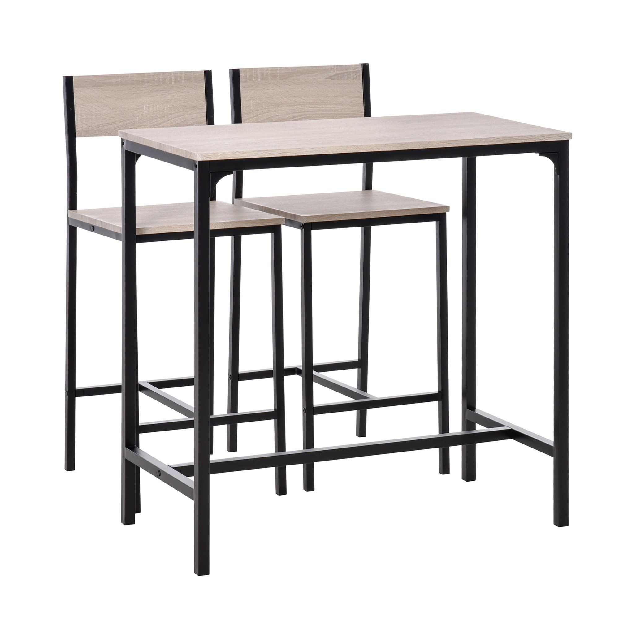 HOMCOM 3 Piece Metal Industrial Bar Table and Stools Set - Natural Wood