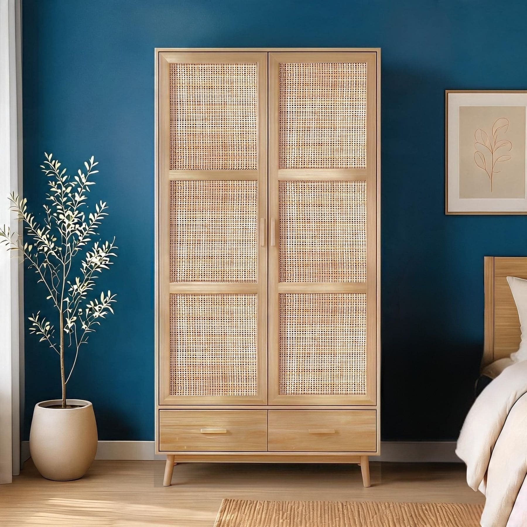 Home Source Astbury Rattan 2 Door 2 Drawer Wardrobe - Natural