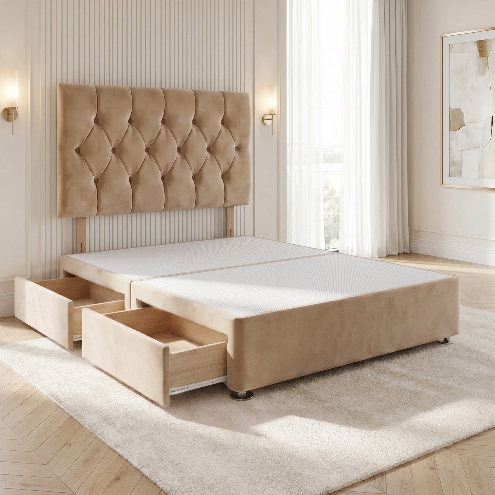 Somnior Chester Velvet King 2 Drawer Divan Bed with Headboard - Beige
