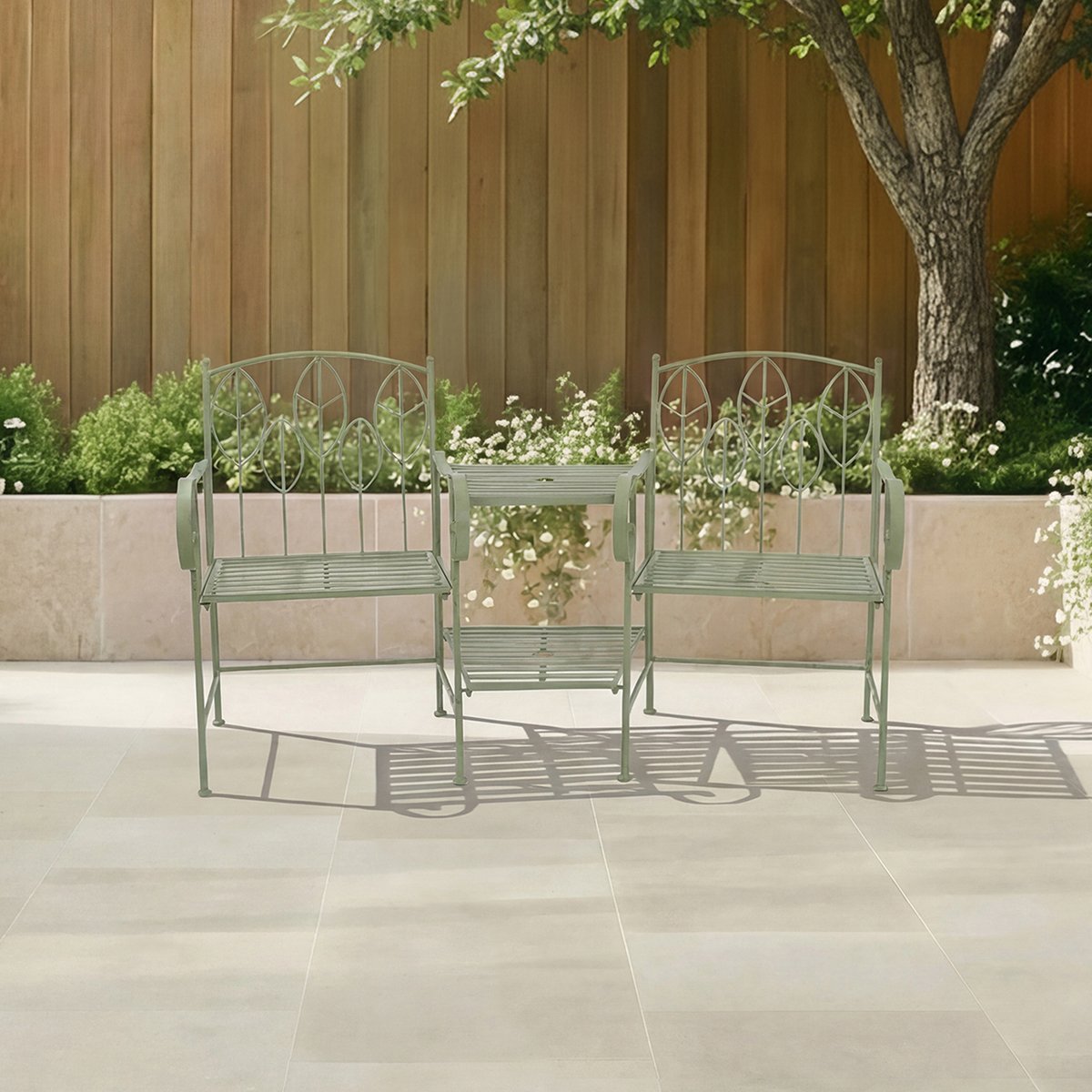 Charles Bentley 2 Seater Leaf Design Rustic Metal Garden Companion Seat - Green