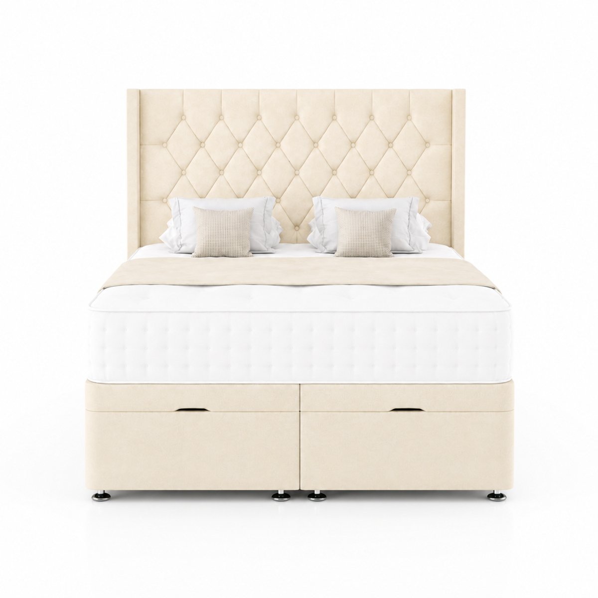 Comfy Deluxe Zoro 5ft King Size Plush Velvet End Lift Ottoman Bed Set - Cream