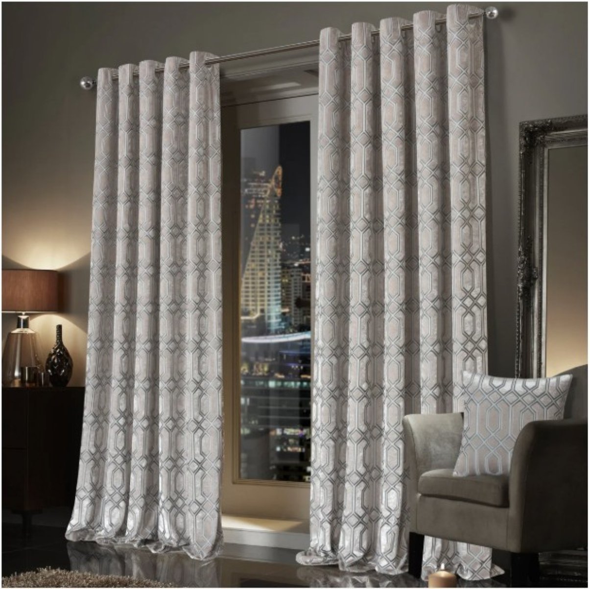 New Edge Blinds Champagne Luxe Geo Velvet Eyelet Curtains - 167cm x 229cm