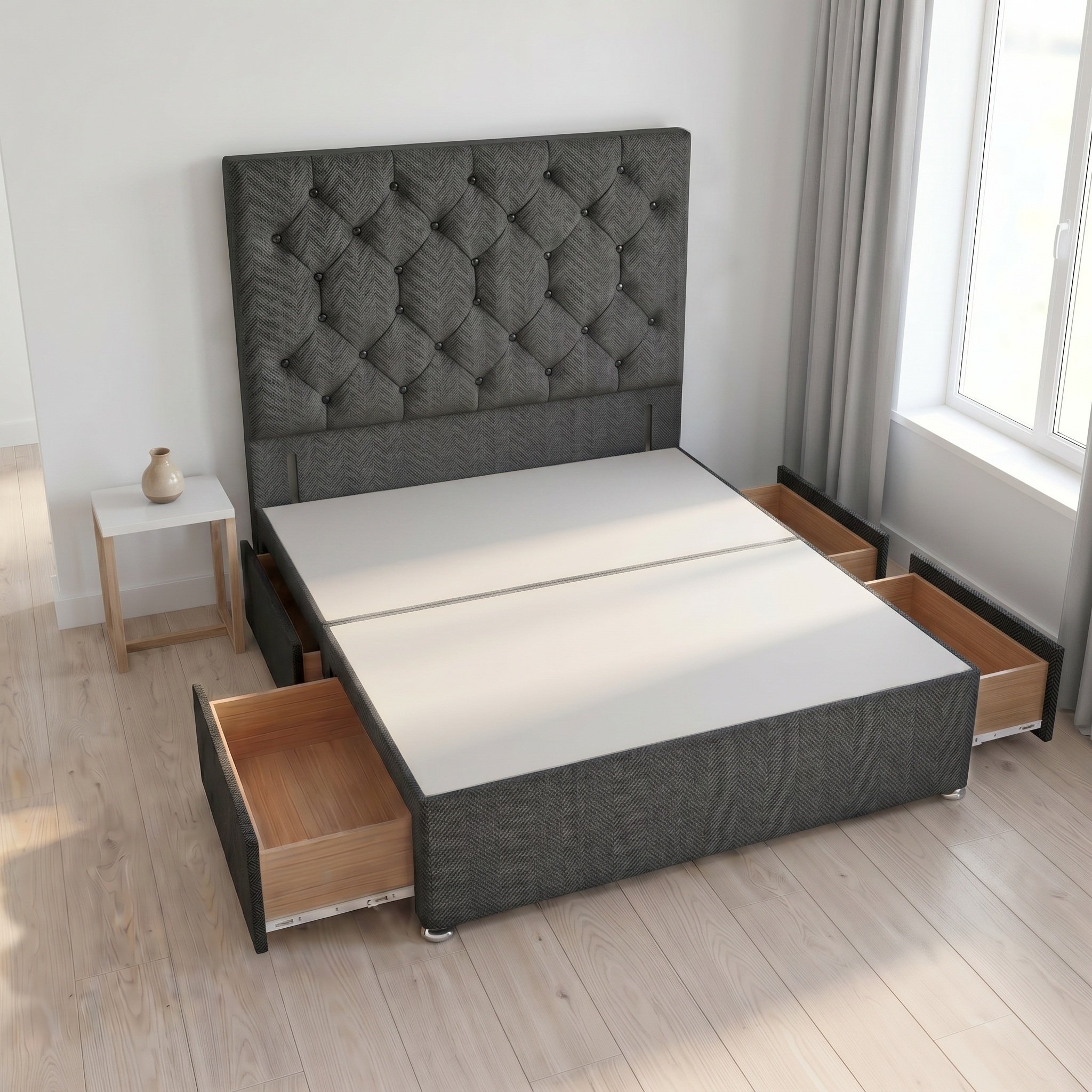 Somnior Diamante Tweed 5FT King 4 Drawer Divan Bed Base - Charcoal