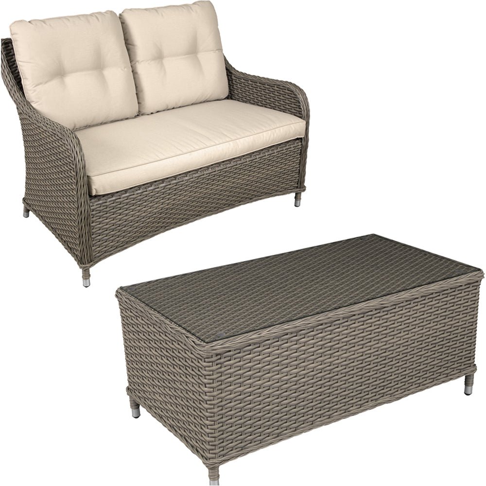 Loops Direct 2 Seater Rattan Wicker Garden Sofa Set with Parasol - Natural